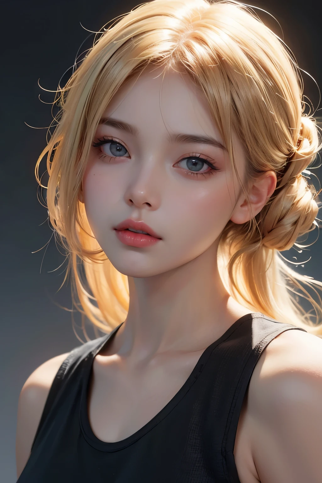 1girl, star eye, blush, perfect illumination, blonde hair, red eyes, unreal engine, sidelighting, detailed face, bangs, bright skin, simple background, dark background, perfect breasts,