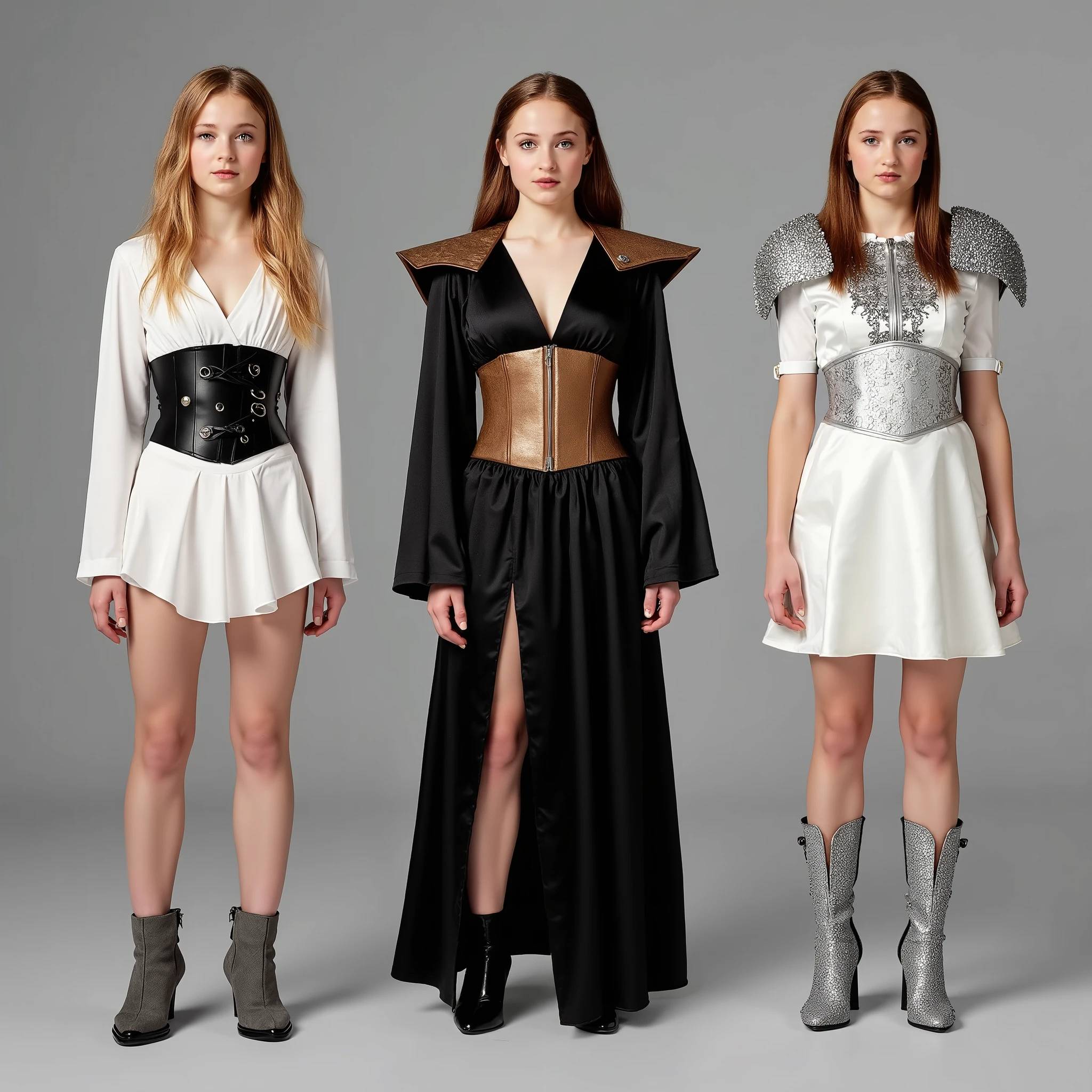 The same young girl is standing exactly full length in the image, dressed in three types of robes, 1 type - dressed in a short white skirt with a leather corset, grey shoes, 2 type - dressed in a black satin dress with a cut out on the leg, bronze corset, Leather shoulder pads, black heeled boots with pointed toes, 3 type - dressed in a white satin dress, silver corset, silver shoulder pads and high-heeled boots with pointed toes, stands on a gray background .