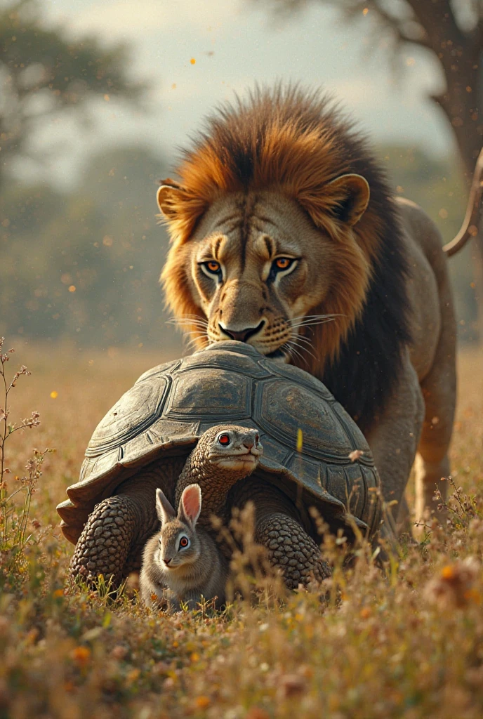 A lion, demonstrating its predatory strength, sinks its powerful teeth into a turtle. The lion uses its strong jaws to crush the turtle's hard shell, gradually breaking through to access the soft flesh inside. With each bite, the lion's sheer force reveals its ability to overcome the turtle's natural defenses