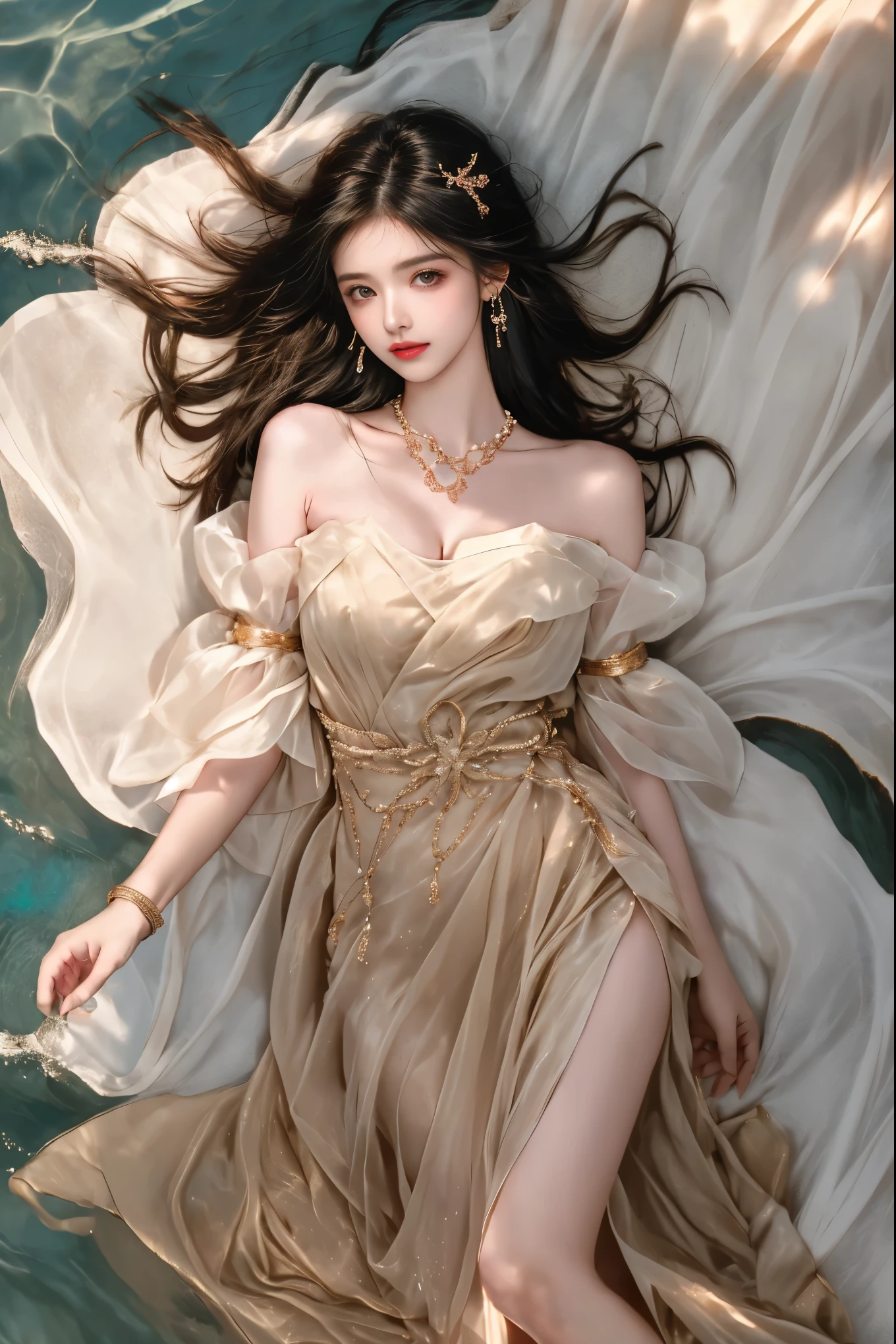 guqinghan, jrys,high heels,bare shoulders, see-through, jewelry,strapless, collarbone, bracelet, off shoulder,earrings, bow,cleavage, tube dress, strapless dress
, ,,(photorealistic beautiful woman:1.2), (natural makeup:1.1), (delicate facial features:1.1), (Full bust, visible cleavage, very short hemline), (sexy long-legged model:1.3), (golden ratio body proportions:1.2), (lying on the beach at the edge of water:1.4), (top-down aerial view:1.3), (bird's eye perspective:1.2), (waves gently touching ankles:1.1), (long slender well-proportioned legs:1.4), (body forming perfect S-curve:1.2), (soft sunset lighting:1.1), (warm golden tones:1.1), (smooth skin texture:1.1), (wet reflective sand:1.0), (transparent water with light refraction:1.0), (centered composition:1.0), (romantic dreamy atmosphere:1.2), (professional studio lighting:1.1), (8K ultra high definition:1.2), (high dynamic range:1.0), (sharp focus:1.1), (ambient occlusion:1.0), (cinematic color grading:1.1), (intricate details:1.1), (shot with Canon EOS R5:0.8)