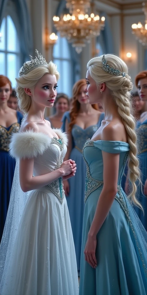two women in dresses sitting next to each other on a sofa, 8k)), disney art style, still image from the movie Frozen II, elsa, retrato de elsa de Arendelle, disney style art, in the style of Disney animation, hermosa elsa, elsa Frozen, movie Frozen II Klaus, 8k high quality detailed art, animated film, Frozen, awesome art style