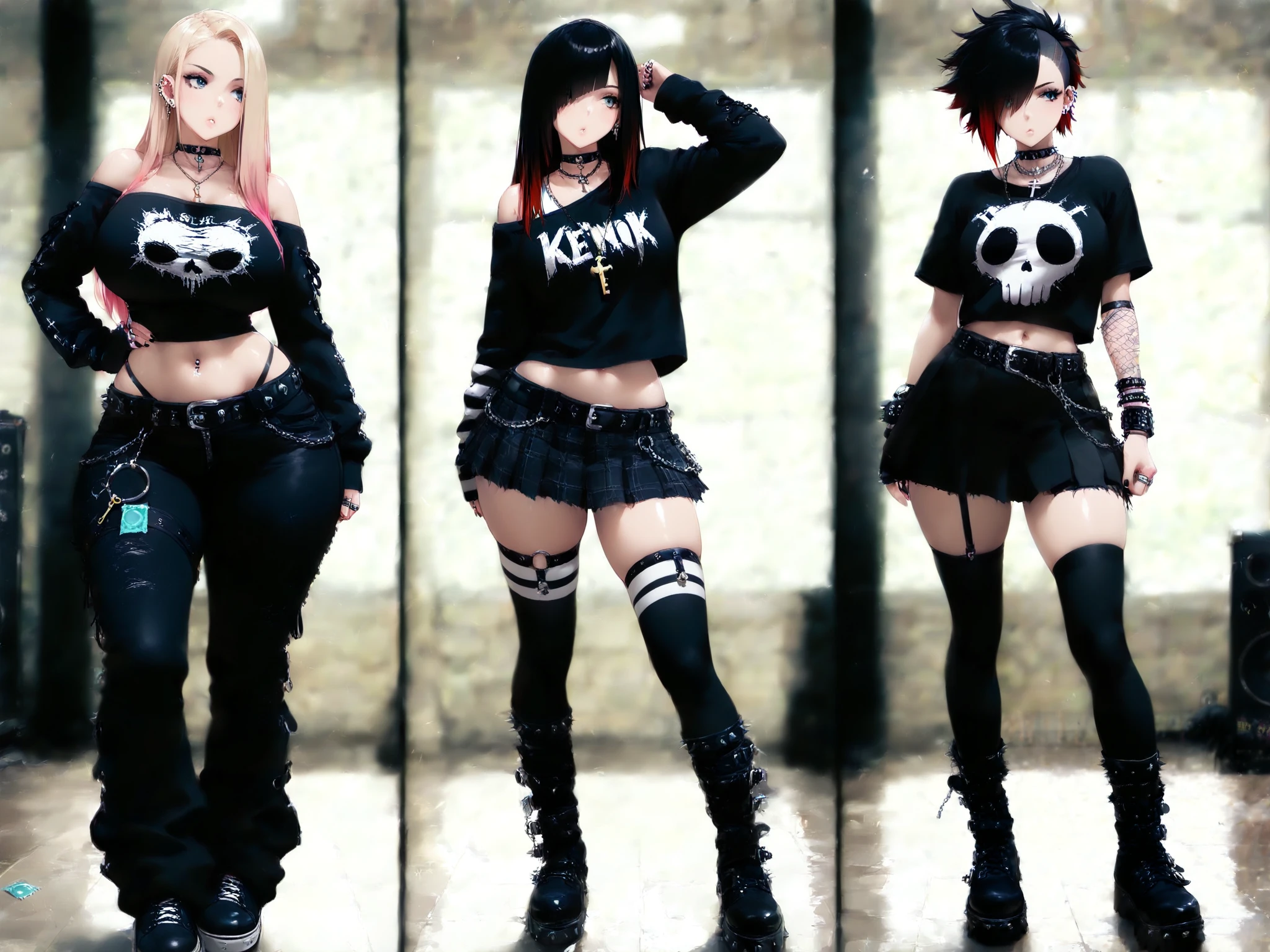 Close-up of three women in different costumes on white background, grunge style, grunge aesthetics, !!!, grunge aesthetics!!! (, sexy gloomy style, grunge aesthetic, grunge fashion, teen grunge punk rock, Y2K style, y 2 k style, punk style, this set style, gothic style, retro aesthetic, 90s style, vintage look, bow, donuts,