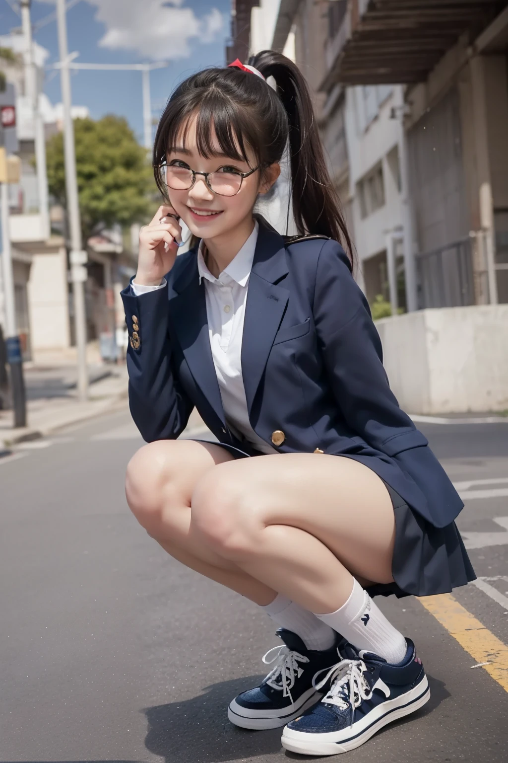 The image features a young girl dressed in a traditional Japanese school uniform known as “seifuku.” The girl stands in a serene setting, surrounded by cherry blossom trees in full bloom. Her uniform consists of a crisp white collared shirt with a sailor-style collar, adorned with a navy blue ribbon tied neatly at the front. The shirt is paired with a pleated navy blue skirt that falls just above her knees. Over the uniform, she wears a dark blue blazer with gold buttons and trim, giving her a polished and scholarly appearance. The blazer is embellished with a school emblem on the breast pocket. Completing her outfit, she wears knee-high white socks and black leather loafers. The girl stands tall with an air of confidence, her short black hair neatly styled and parted to the side. Her almond-shaped eyes sparkle with curiosity and determination, reflecting her passion for education and learning. The image captures the grace, elegance, and tradition associated with Japanese school uniforms, symbolizing academic excellence and the vibrant beauty of youth.
The image depicts a young girl wearing a vibrant, colorful Japanese school uniform. She stands against a backdrop of a bustling school courtyard, filled with students engaged in various activities. Her uniform consists of a white short-sleeved blouse with a high-collared design, adorned with a playful pattern of cherry blossoms and colorful geometric shapes. She pairs the blouse with a pleated knee-length skirt in a bold shade of red, adding a touch of energy to her ensemble. Completing the look, she wears white ankle socks and black loafers with intricate floral patterns. Her long, flowing hair is styled in two braided pigtails, adorned with ribbons matching the colors of her uniform.nsfw