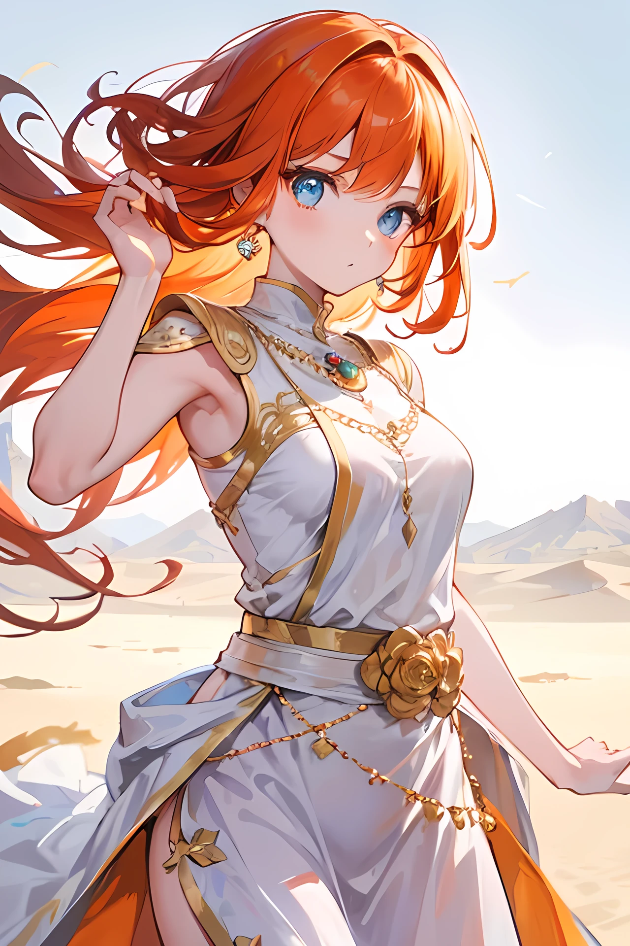Anime girl with long red hair and white dress in the desert, Blue eyes, anime goddess, Revealing costumes,  Detailed Digital Anime Art, Smooth Anime CG Art, detailed anime character art, beautiful alluring anime woman, Beautiful anime girl, beautiful anime woman, digital anime art, detailed anime art, ArtGerm on ArtStation Pixiv, charming anime girls, Seductive Anime Girl