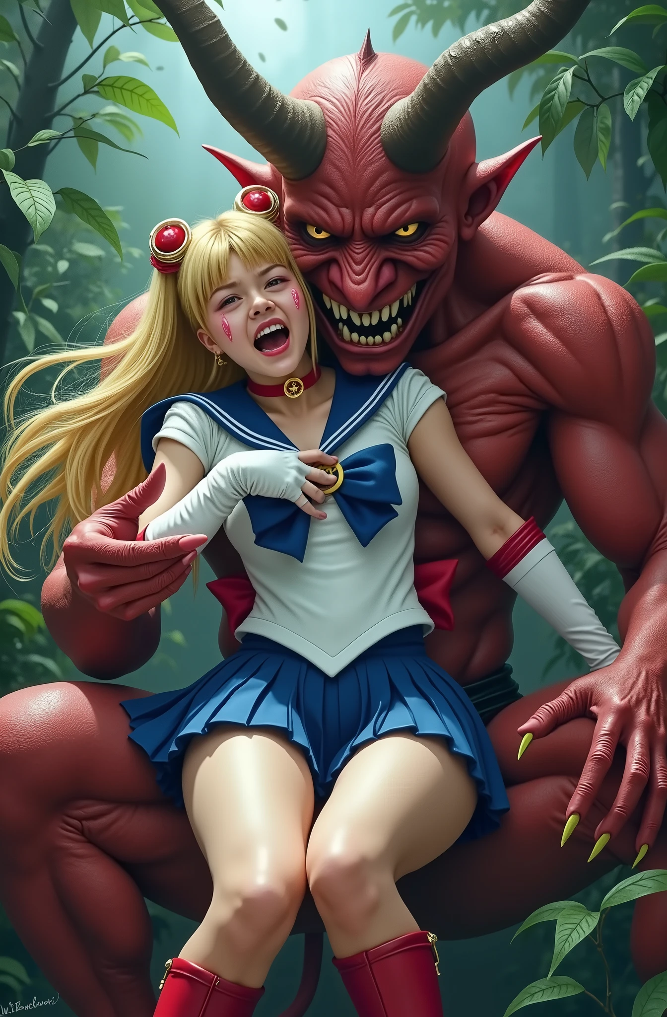 Hyperrealism, masterpiece, highest quality, A young Japanese woman is sitting on the devil lap, ((she is crying and screaming in pain)), painful face, she is wearing a Sailor Moon costume, Blue sailor collar, Blue mini pleated skirt, she is wearing pleated skirt, blue pleated skirt, Long white gloves, shiny beige color pantyhose, red high boots, Exposed thighs, red long boots, big choker, long blonde Hair, a devil is kneeling sexual assault her, the devil is hugging her tightly and touching her leg, the girl push his hand out, in the jungle,