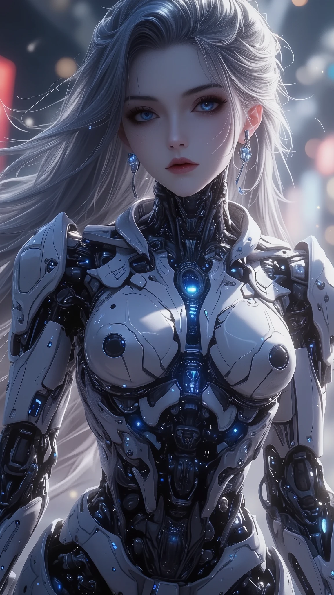 ((Highest quality)),( Ultra High Definition ),(very well detailed),( detailed description),(( best CG )),(masterpiece), Ultra Detailed Art ,Amazing Painted Art,(Sci-fi art with delicate details:1.5), Female Cyborg:1.5, beautiful well-groomed face, Flowing long hair:1.4, Mechanical body composed of precision instruments, Sparkling lenses all over the body, The blue color that runs through the body, glamorous mechanic body:1.5, 