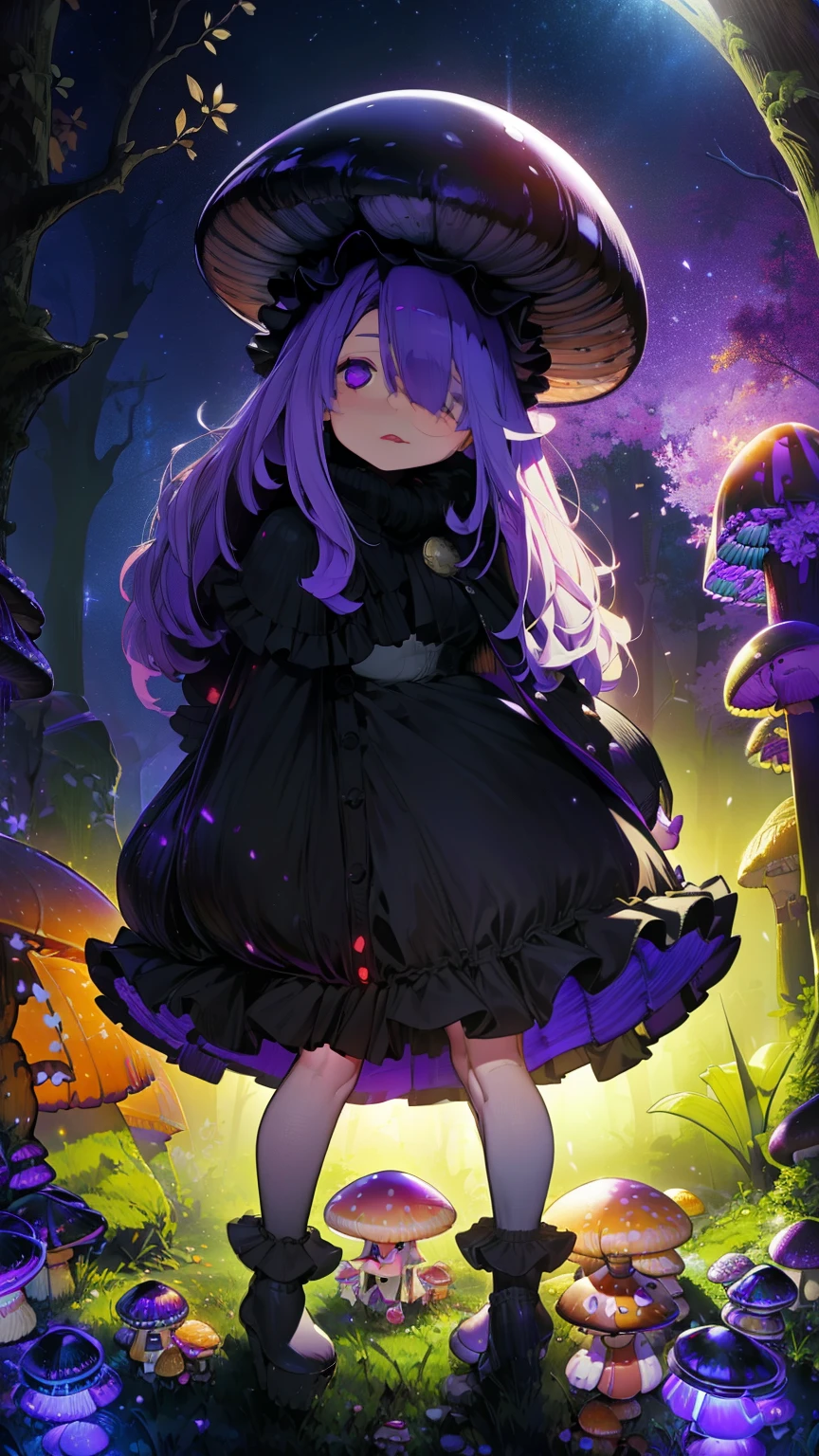 bags under eyes, empty eyes, tareme, parted lips, bags under eyes, shaded face, crazy smile, simple drawing, standing, full body, mushroom and girl, cute, wavy mouth, covering one eye, black cloak, long cloak, long skirt, maxi skirt, sleeves past wrists, dark-natured, ringed eyes, @_@, purple eyes, dark forest, glowing mushrooms, mushrooms + mushrooms + mushrooms + mushrooms + mushrooms, mushroom on head