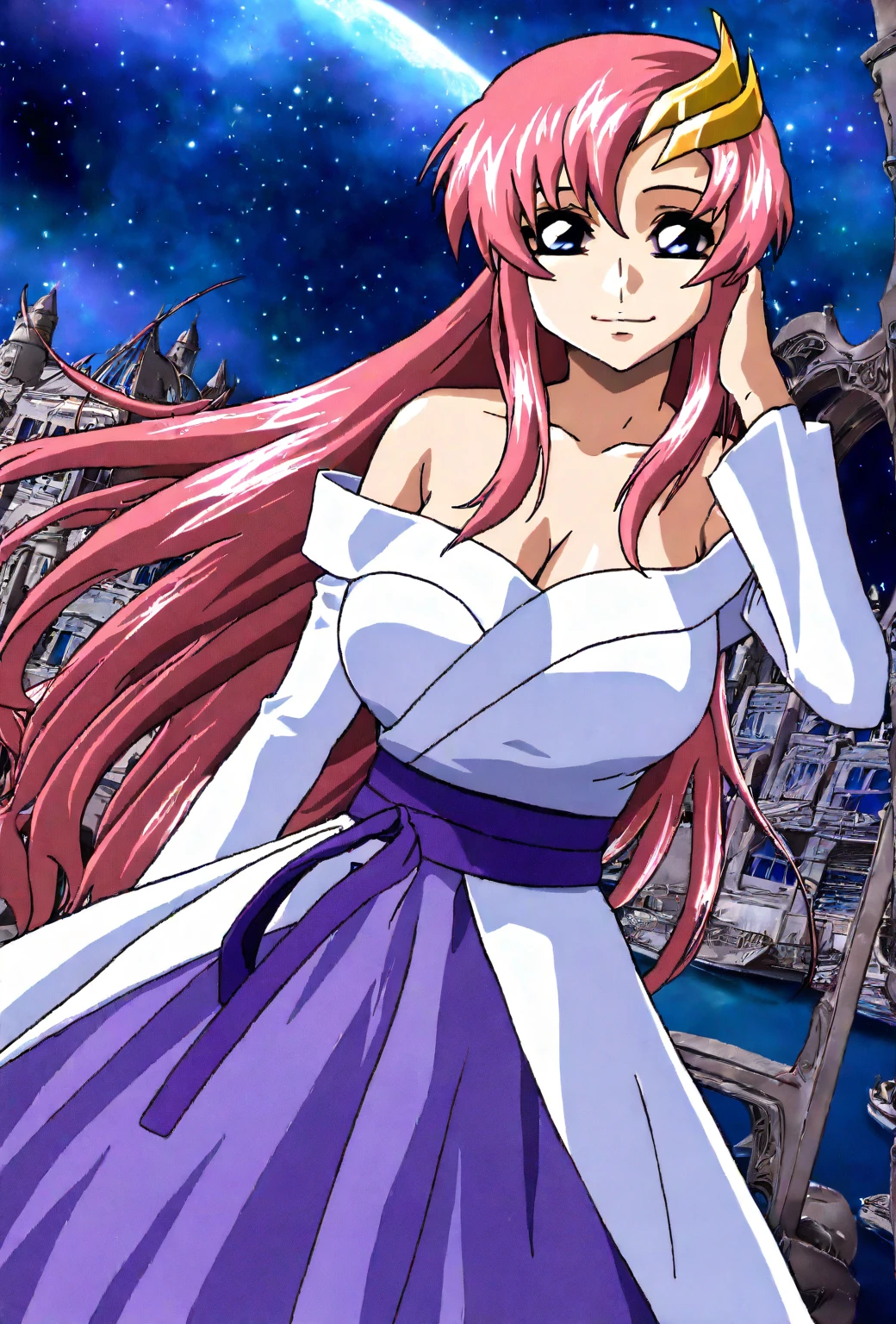 ((64k,Ultra-high resolution,Super best quality,masterpiece,Hyperrealistic,Young and adorable, beautiful, young, adorable,young woman,Full body photo,Full body angle,Whole Body Ezbian,)),GundamSEED,Lacus Clyne,Pink Hairの毛,Blue Eyes,Detailed eyes,Detailed skin,Detailed face,Shiny skin,Detailed Hair,White skin,Perfect lighting,Glossy Lips,京都animeーション, animeカラーリング ,Klein Lake,GundamSEED , Pink Hair, Straight hair,blue eyes , (((hair ornaments, White sleeves,豪華なWhite Dress, 豪華なPurple Skirt, 贅沢なLong skirt))),Very long hair, Bare shoulders, Star background,1980s \(style\),anime, Lacus 1, One girl, alone, hair ornaments, White sleeves, blue eyes, White Dress, Purple Skirt, Long skirt, Very long hair, Bare shoulders, Large Breasts, smile, Gundam, On the floor,retro artstyle,Water Lake,Swimsuit,Yukata,smile,Many beautiful flowers are blooming,In a dress