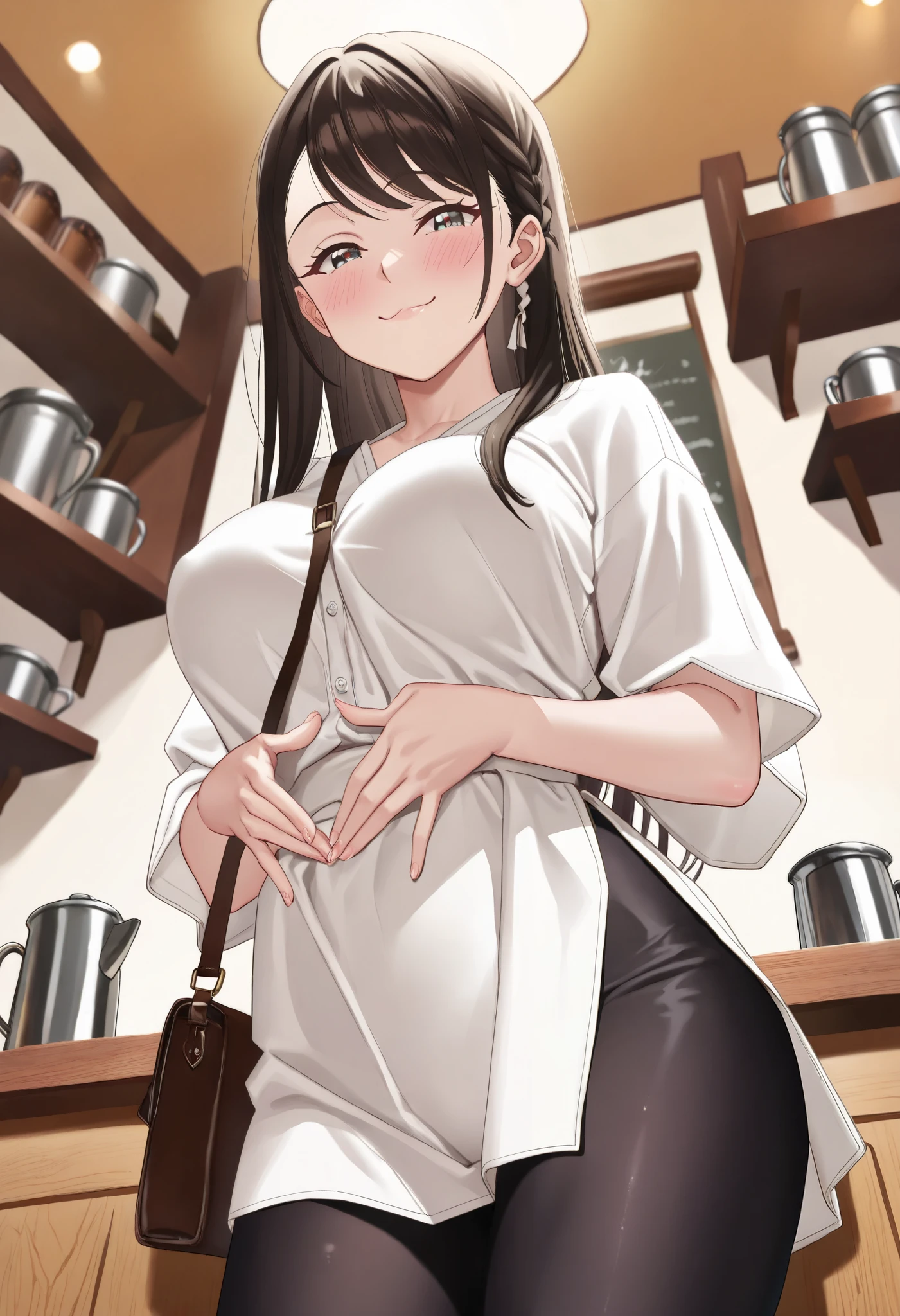 masterpiece,(bestquality),highlydetailed,ultra-detailed,{black hair} (long whitr hair)(Lateral hair)(Shawl hair)(hair straight),(glasses),(Yellow eyes),fleshy feeling,fleshy legs,A cooking housewife, detailed kitchen utensils, delicious ingredients, high-quality photography, vibrant colors, soft lighting, detailed facial expressions, messy hair, focused eyes, happy and content.
