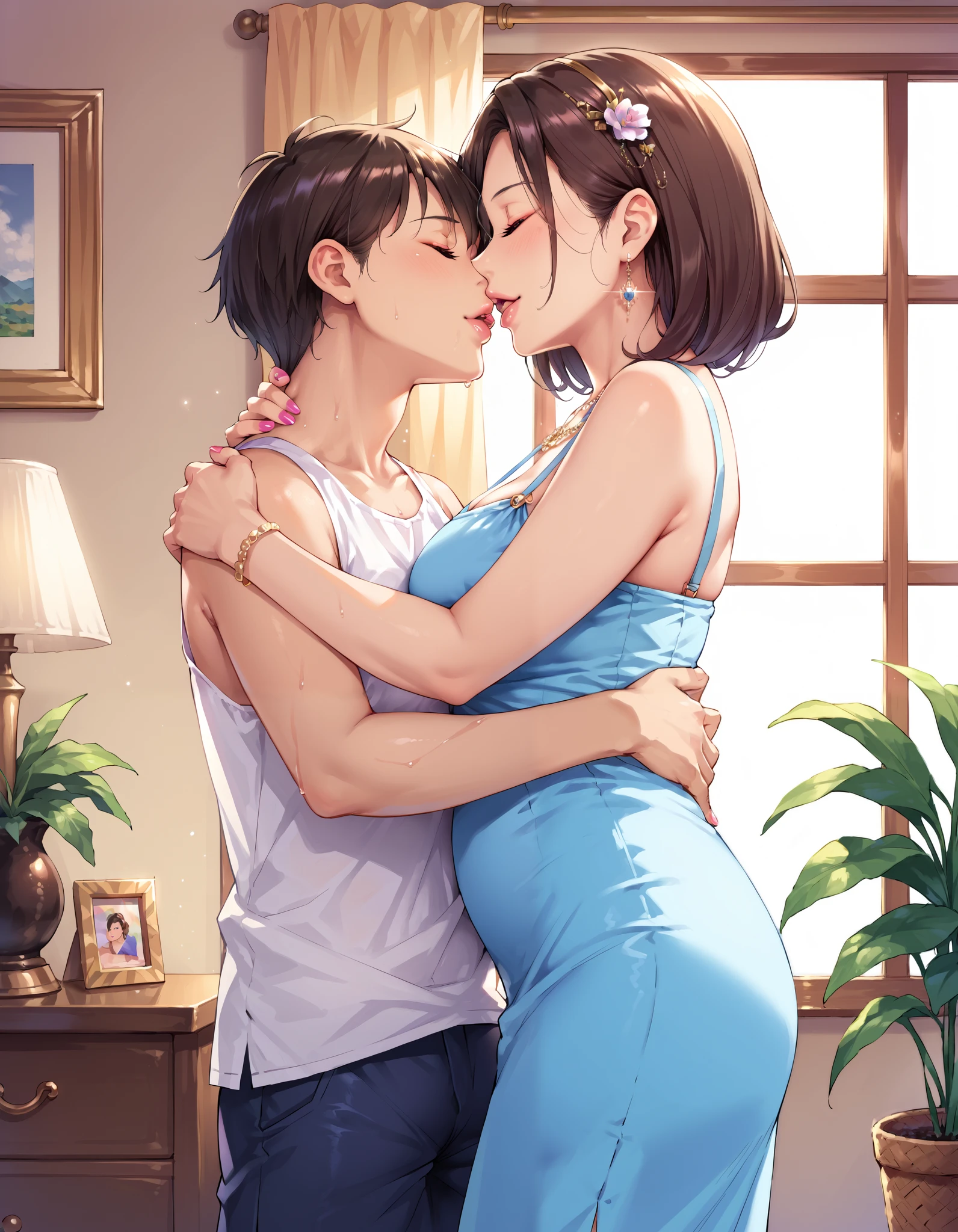 score_9, score_8_ excellent, score_7_ excellent, source_anime,livingroom, {{One boy, one girl, mature woman, mother and son, , , {{kiss, dress that hugs each other, Cling, The woman is wearing a mini sheer dress