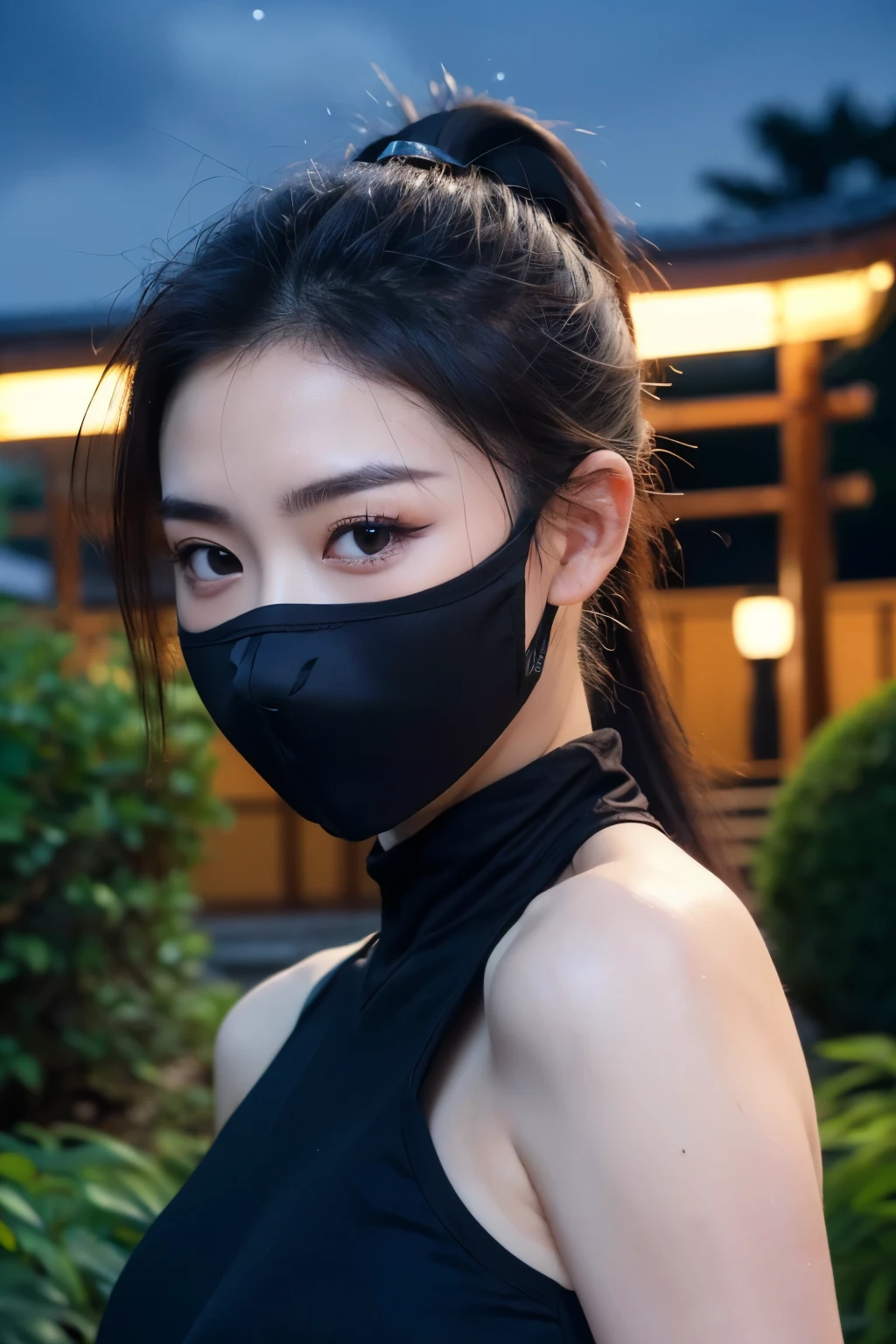 (night view:1.5),(HDR,8k, RAW portrait of a beautiful girl, best quality, masterpiece:1.2),
(super fine illustration:1.3),(realistic), (highly detailed skin:1.2), ultra-high resolution, (lenz 28mm),
1 girl,(),(japanese girl),beautiful face,medium breasts,black ｍedium hair,(ponytail:1.4),
(japanese-style garden:1.2),(ninja style:1.5),(female ninja:1.5),(black mask:1.2),他