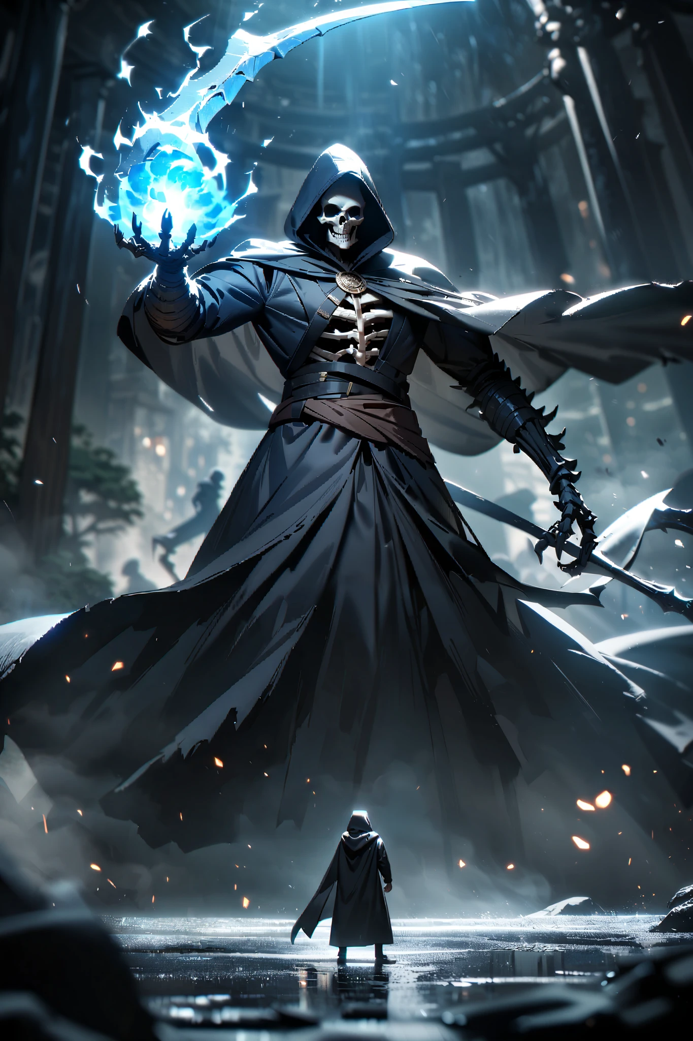amazing tattered, amazing black cloak and hood skeleton、Use amazing magic、 Ultra High Quality 、flashy、、flashyで最高の ブルーフレイムを使え、Let me hold a scythe