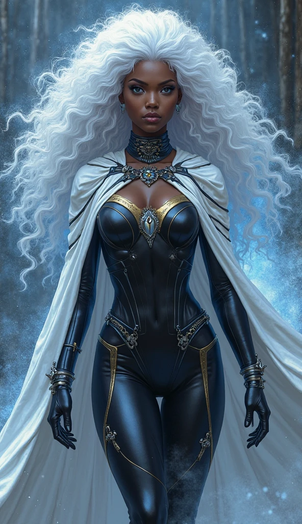 award winning 64k concept art of (black 1girl:1.2) in white majestic open dress standing proudly on the ice, posing, epic, god rays, centered, upper body, (masterpiece:1.2), (best quality:1.2), Amazing, highly detailed, beautiful, finely detailed, warm soft color grading, Depth of field, extremely detailed 64k, fine art, stunning, iridescent, shiny, (light reflections:1.2), (crisp:1.5), silver curls, storm, vibrant, sunlit, (edge detection:1.2), absurdres, impressive, 120mm, outlining, wide thighs