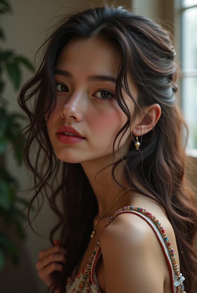(8K, RAW photo, Best quality, Masterpiece:1.2), Ultra-detailed, Perfect detail , view the viewer, make up, Seductive, shamefaced, (Young:1.2),((20yr old)), Beautiful face, Beautiful eyes, (((Perfect female body, Narrow waist))), Red hair, Asian look, Hourglass figure, Green eyes, Beautiful appearance, Red silk dress, Puffy lips, Black heels, In the restaurant, Wavy hair, Light makeup, Sublip moles, tattoo on shoulder