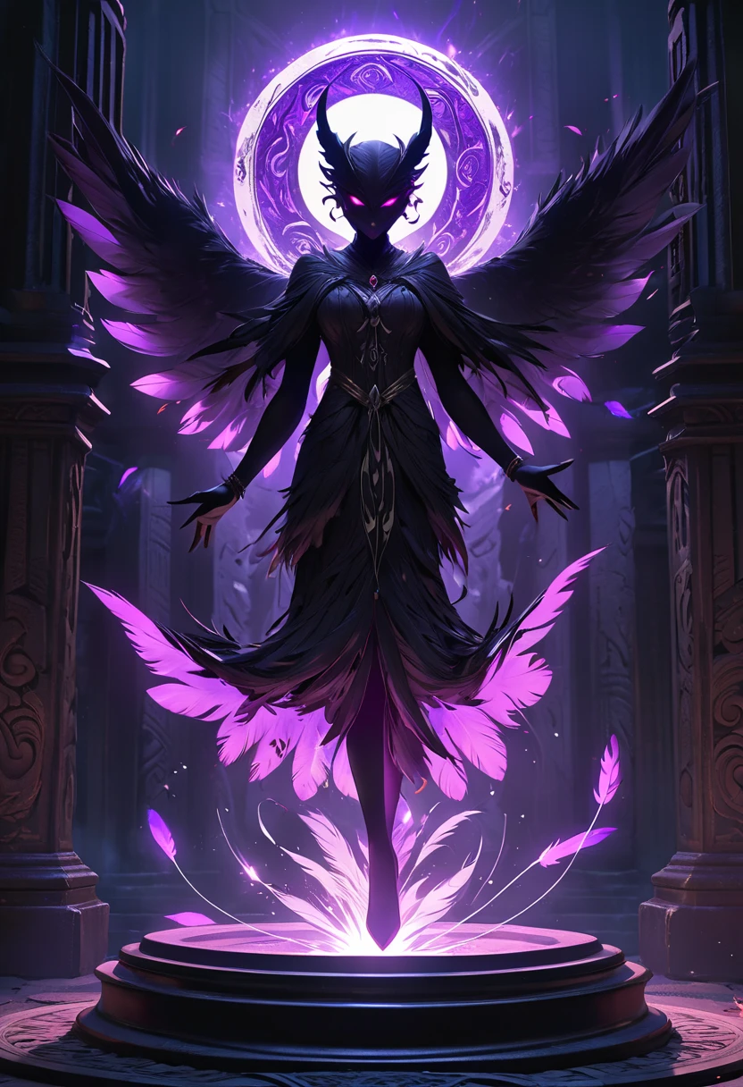 A single devil feather that floats in the air wrapped in a black circular aura, Highlight the very delicate texture of feathers, Feather's sense of floating is emphasized, The feather emits an eerily black light as if devil's power is ingrained in it, It floats on an evil pedestal designed to look like an ancient relic with creepy carvings and purple inscriptions, The overall atmosphere is evil and hellish, and the perfect balance of darkness and shadows enhances the aura of magic, UHD, retina, masterpiece, accurate, textured skin, super detail, high details, high quality, best quality, highres, 16k