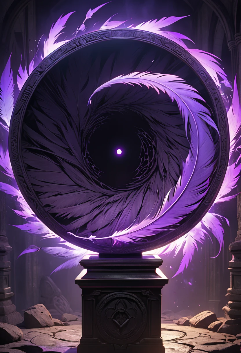 A single devil feather that floats in the air wrapped in a black circular aura, Highlight the very delicate texture of feathers, Feather's sense of floating is emphasized, The feather emits an eerily black light as if devil's power is ingrained in it, It floats on an evil pedestal designed to look like an ancient relic with creepy carvings and purple inscriptions, The overall atmosphere is evil and hellish, and the perfect balance of darkness and shadows enhances the aura of magic, UHD, retina, masterpiece, accurate, textured skin, super detail, high details, high quality, best quality, highres, 16k