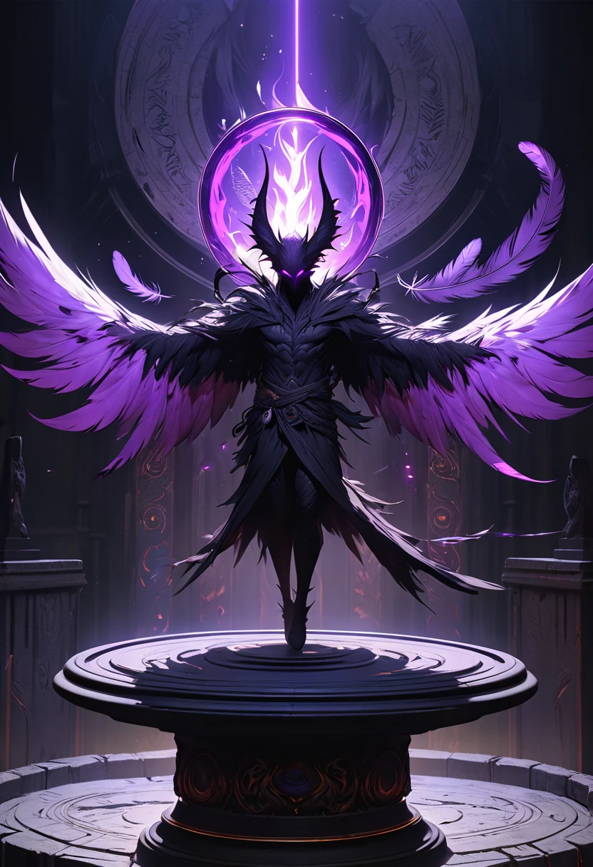 A single devil feather that floats in the air wrapped in a black circular aura, Highlight the very delicate texture of feathers, Feather's sense of floating is emphasized, The feather emits an eerily black light as if devil's power is ingrained in it, It floats on an evil pedestal designed to look like an ancient relic with creepy carvings and purple inscriptions, The overall atmosphere is evil and hellish, and the perfect balance of darkness and shadows enhances the aura of magic, UHD, retina, masterpiece, accurate, textured skin, super detail, high details, high quality, best quality, highres, 16k