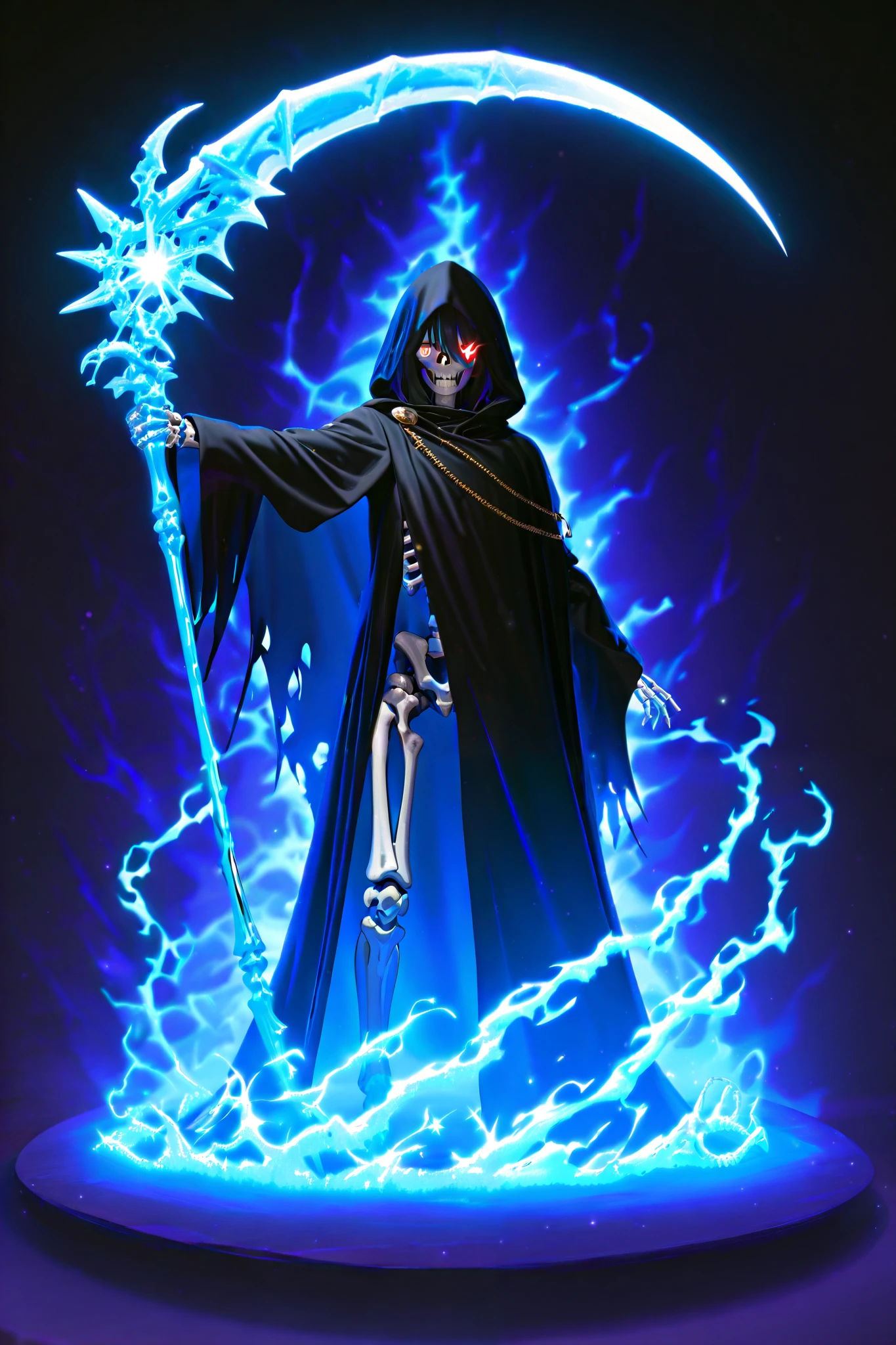 amazing tattered black cloak and hood skeleton、Use amazing magic、 Ultra High Quality 、flashy、、flashyで最高の ブルーフレイムを使え、Let me hold a scythe