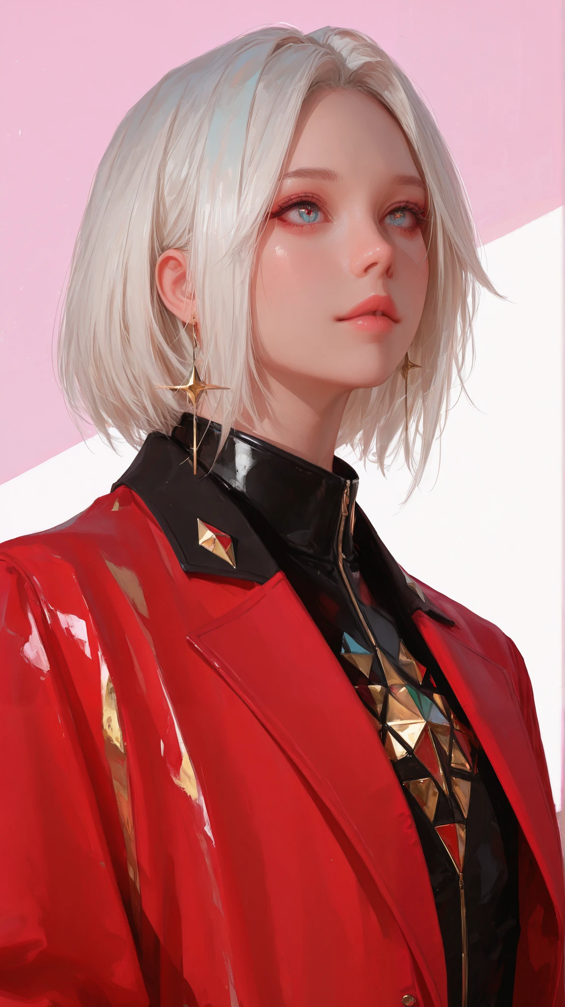 (best quality,4k,8k,highres,masterpiece:1.2),ultra-detailed,(realistic,photorealistic,photo-realistic:1.37),1girl,portrait,bust shot,beautiful androgynous woman,striking facial features,(detailed sparkling eyes:1.1),defined nose,soft natural lips,long flowing white hair,sleek slim-fit pantsuit,sharp tailoring,bold crimson blazer,geometric lapel patterns,metallic gold accents,confident posture,chin-up stance,studio lighting,dramatic overhead illumination,subtle rim light,(vibrant color palette:1.05),solid pastel-peach background,high-fashion editorial style,contemporary elegance,skin texture,strand-reflective hair