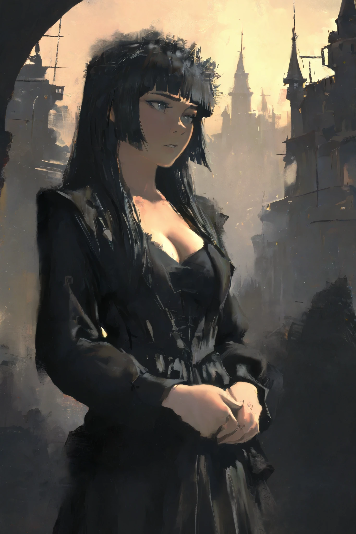 HDR, 8K, high contrast, masterpiece, best quality, amazing quality, very aesthetic, anime artstyle, realistic, hentai art, newest, (artist:incase:0.5), (artist:tsuaii:0.5) ,
BREAK
shiej007, bounce light, hyperdetailed, detailed hair strands, detailed fibers,
portrait, masterpiece, semi-realism,painterly, vivid colors, cleavage, best quality, 1girl, standing for portrait, hime cut, black hair, black dress, grey eyes. castle background, warm colors, hands crossed