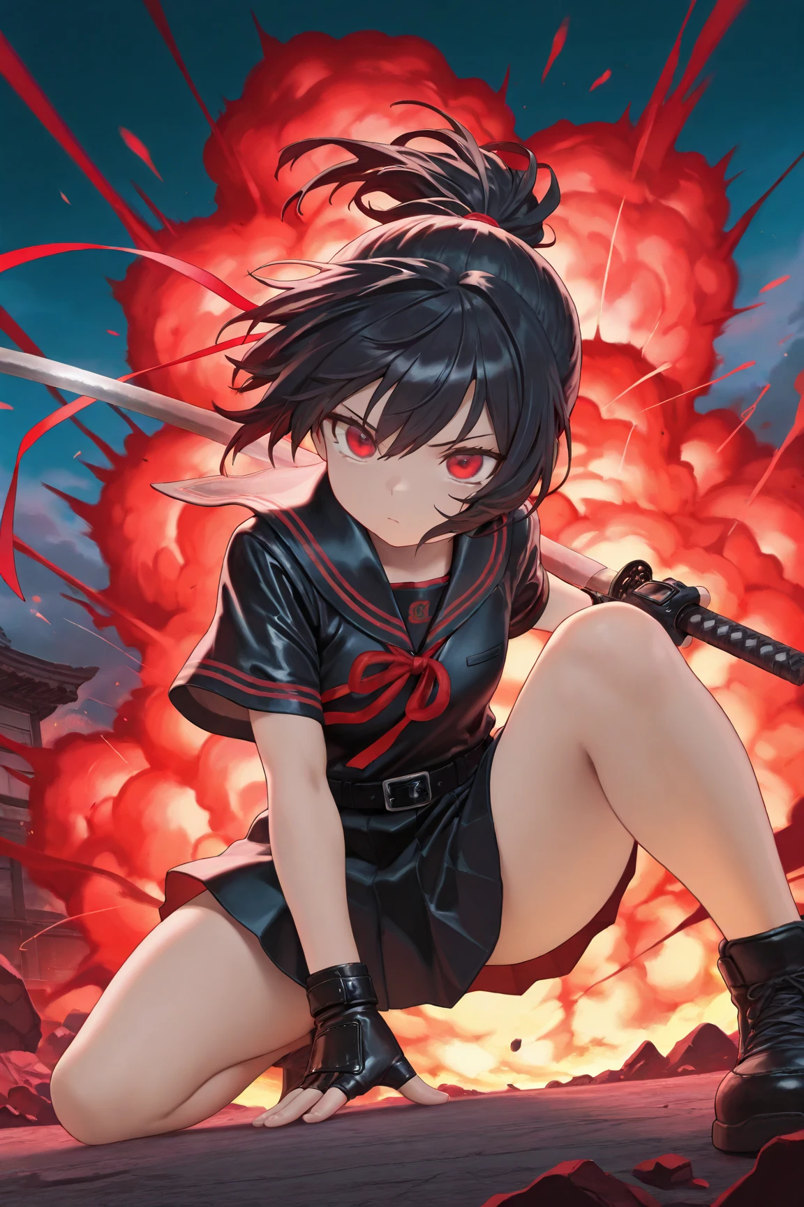masterpiece, best quality, amazing quality, front view, from below, 1girl, solo, short hair, black hair, ponytail hair with red ribbon, red eyes, black and red sailor uniform, short sleeve, (black fingerless leather gloves), superhero landing pose, holding weapon, katana, (wind), red explosion background, (amazing background), highres, absurdres