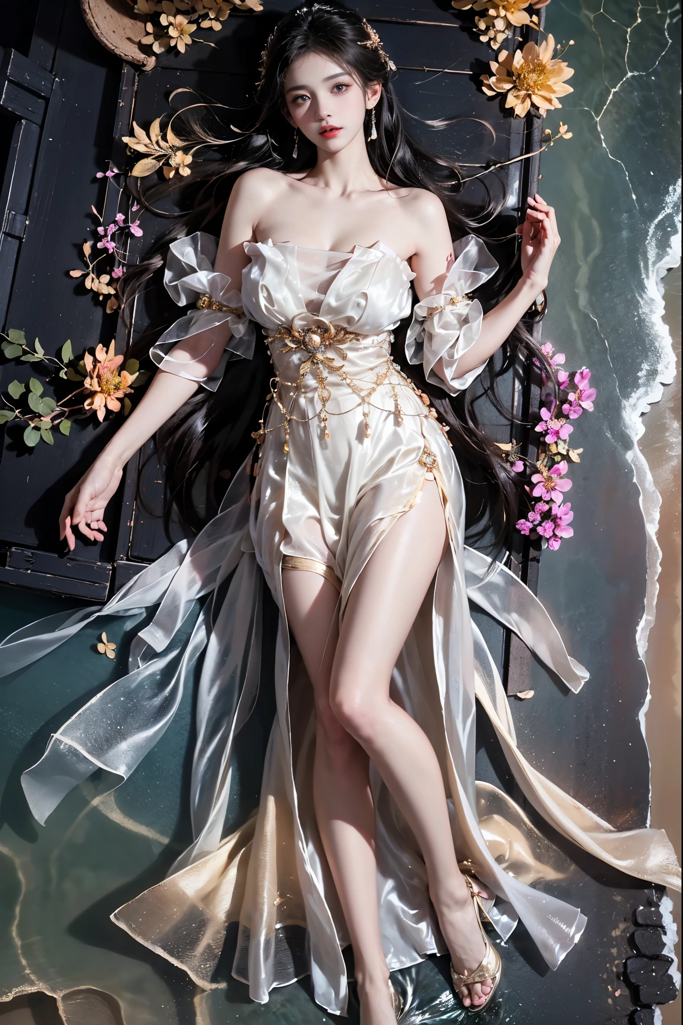 guqinghan, jrys,high heels,bare shoulders, see-through, jewelry,strapless, collarbone, bracelet, off shoulder,earrings, bow,cleavage, tube dress, strapless dress
(photorealistic beautiful woman:1.2),(natural makeup:1.1),(delicate facial features:1.1),(visible cleavage, stylish beach outfit),(sexy model with elegant posture:1.2),(natural body proportions:1.3),(lying on the beach at the edge of water:1.4),(top-down view:1.3),(bird's eye perspective:1.2),(waves gently touching ankles:1.1),(natural leg position, relaxed and graceful:1.3),(body forming soft curves:1.2),(soft sunset lighting:1.1),(warm golden tones:1.1),(smooth skin texture:1.1),(wet reflective sand:1.0),(transparent water with light refraction:1.0),(centered composition:1.0),(romantic dreamy atmosphere:1.2),(professional studio lighting:1.1),(8K ultra high definition:1.2),(high dynamic range:1.0),(sharp focus:1.1),(ambient occlusion:1.0),(cinematic color grading:1.1),(intricate details:1.1),(shot with Canon EOS R5:0.8)