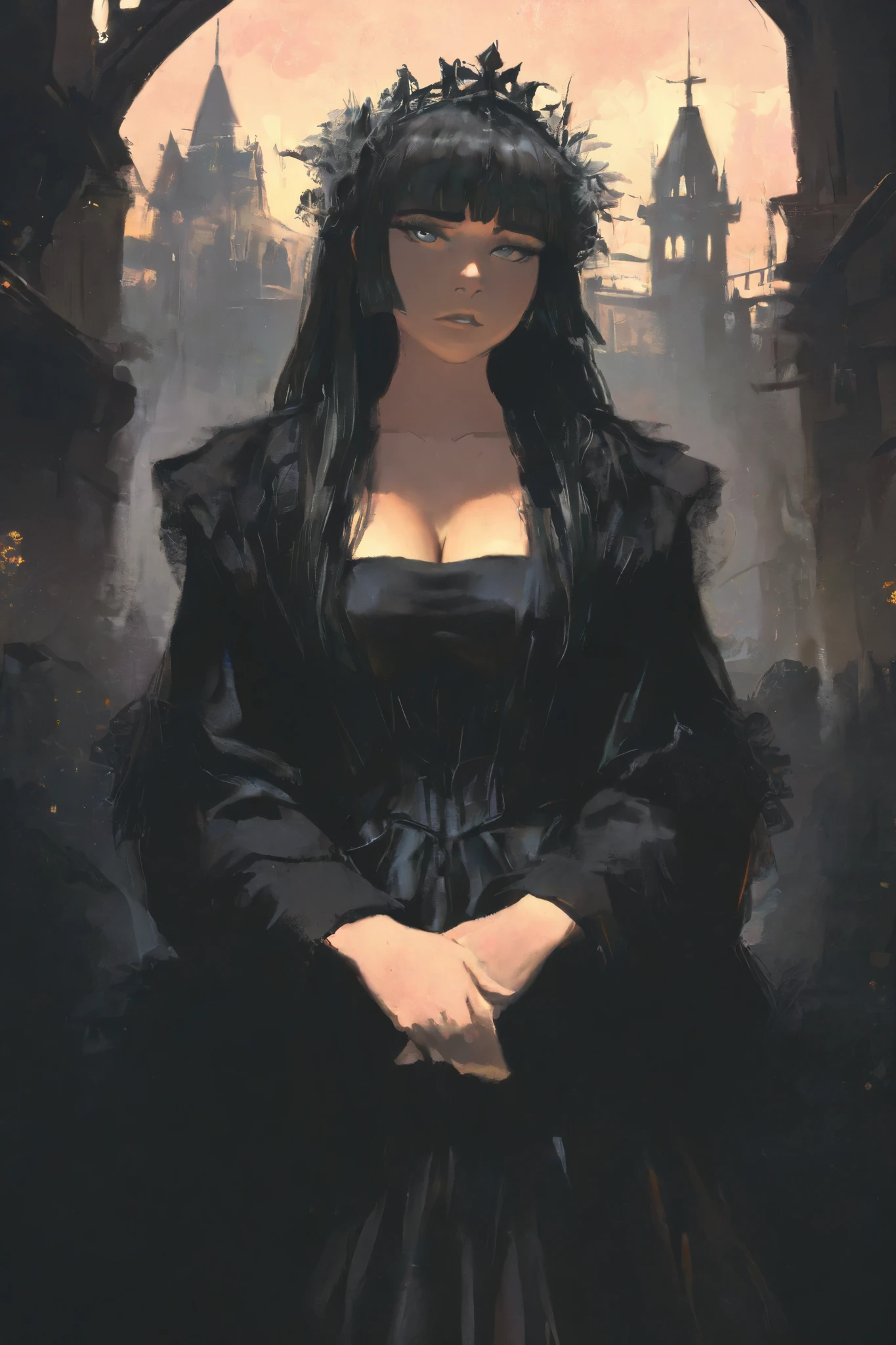 HDR, 8K, high contrast, masterpiece, best quality, amazing quality, very aesthetic, anime artstyle, realistic, hentai art, newest, (artist:incase:0.5), (artist:tsuaii:0.5) ,
BREAK
shiej007, bounce light, hyperdetailed, detailed hair strands, detailed fibers,
portrait, masterpiece, semi-realism,painterly, vivid colors, cleavage, best quality, 1girl, standing for portrait, hime cut, black hair, black dress, grey eyes. castle background, warm colors, hands crossed, looking at viewer