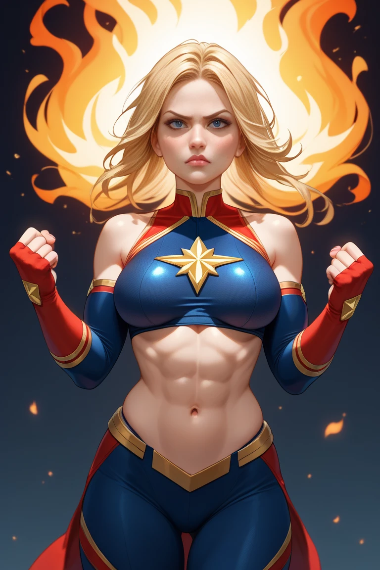 blonde girl, Captain Marvel, combat stance, highly detailed, vibrant appearance, creative behavior, imaginative, , spontaneous, small breasts, sexi, revealing, naked breasts, highest quality, skin texture, intricate details, (cinematic lighting), RAW photo, 8k, masterpiece,best quality,ultra-detailed,very detailed illustrations,extremely detailed,intricate details,highres,super complex details,extremely detailed 8k cg wallpaper