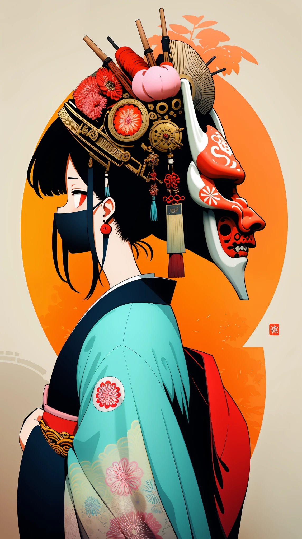 NFTs, 1 girl, alone, ผมดำ, Accessories, earring, mask, Red-eye, Japanese set , Cut edge , kimono, Brief history, mask on head, Floral pattern, From the side, he, buckle , Accessoriesผม