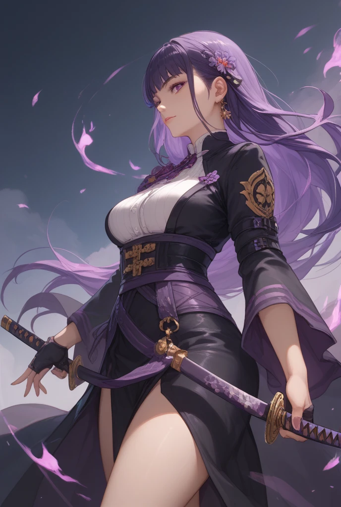 Tall girl, short purple hair, high ponytail, fox ears, purple eyes, Hanfu fighting, fighting stance, wicked, masterpiece, high quality