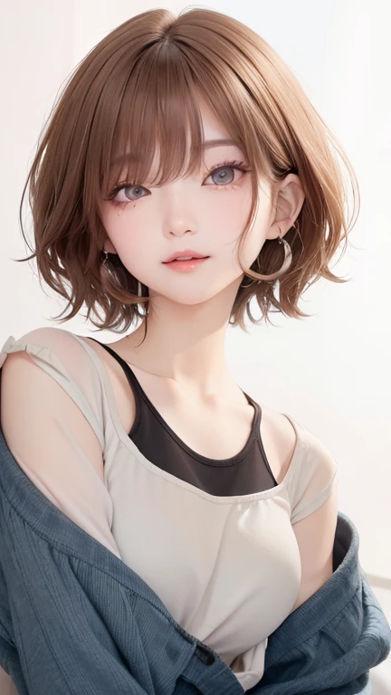 Portrait、master piece:1.3、one girl、baby face、natural look、Very cute、brown hair、short bob、small red earrings、plump lips、no makeup、white t-shirt、focus on face、highest quality、high resolution、Super detailed、High quality、Detailed details、8k、(((blurred background、white wall、white background、a white world、flower illustration、flower illustrationの壁、壁にflower illustration、flower illustrationが描いてある壁、photography studio:1.5、cinematic lighting、professional photographer)))