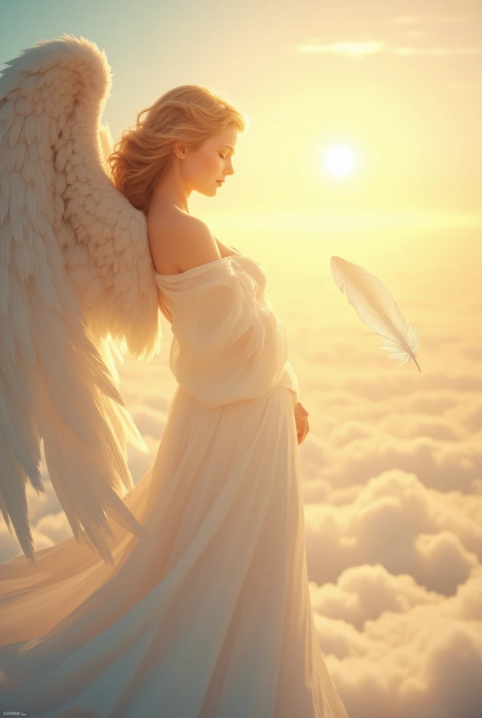 (masterpiece, Highest quality, shape, delicate details, 8k:1.2),(Highly Detailed CG Unity 8k Wallpaper), (Highest quality), ( best illustration), (shot by a professional photographer:1.2),(Best Shadow),  realistic lighting in a river deep in the mountains, a serene and captivating image titled "A Floating Feather," featuring a celestial angel and a single feather drifting gently through the air. The scene should evoke a sense of beauty, wisdom, and boundless compassion, mesmerizing viewers with its ethereal composition. The setting is a heavenly, light-filled realm—perhaps a sky bathed in the golden hues of sunrise or a tranquil, celestial garden floating above the clouds. The angel, a being of radiant grace, has soft, luminous wings that shimmer with divine light. As the angel gazes peacefully, a single feather escapes from its wings, gently descending, carried by an invisible breeze. The feather symbolizes hope, love, and a guiding presence, floating effortlessly in an atmosphere filled with gentle light and warmth. The angel’s expression should be one of serene wisdom and infinite kindness, radiating a profound sense of peace. The lighting should be soft and harmonious, casting delicate shadows that enhance the intricate details of the feather and the angel’s flowing robes. The composition should convey a timeless, dreamlike quality, as if capturing a fleeting yet eternal moment of divine grace. This image should captivate and inspire, touching the hearts of all who behold it.