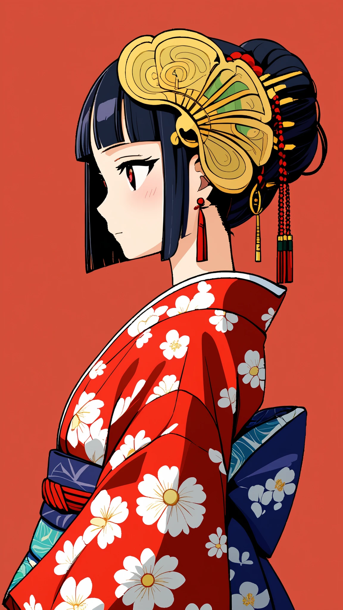 NFTs, 1 girl, alone, ผมดำ, Accessories, earring, mask, Red-eye, Japanese set , Cut edge , kimono, Brief history, mask on head, Floral pattern, From the side, he, buckle , Accessoriesผม