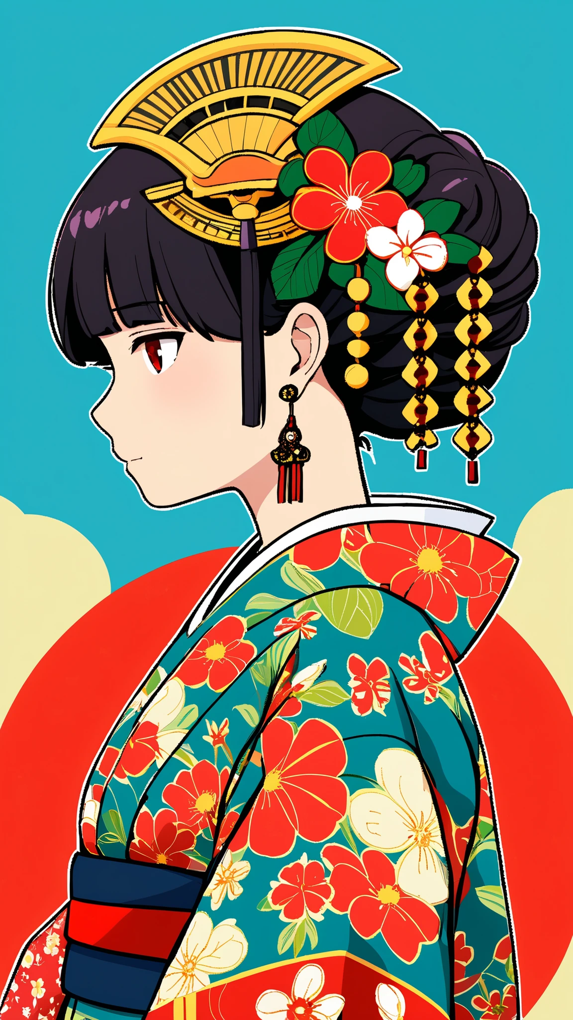 NFTs, 1 girl, alone, ผมดำ, Accessories, earring, mask, Red-eye, Japanese set , Cut edge , kimono, Brief history, mask on head, Floral pattern, From the side, he, buckle , Accessoriesผม