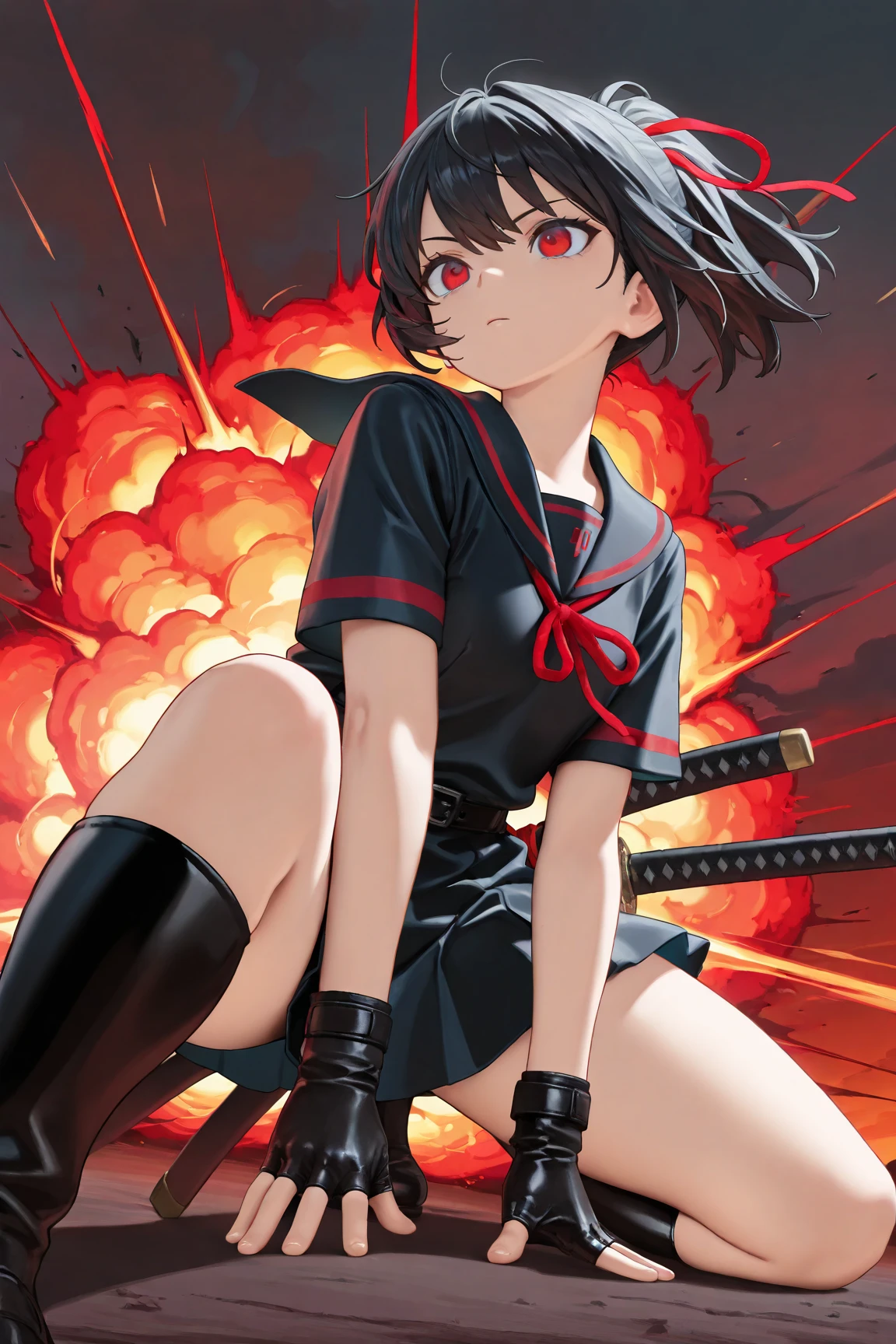 masterpiece, best quality, amazing quality, front view, from below, 1girl, solo, short hair, black hair, ponytail hair with red ribbon, red eyes, black and red sailor uniform, short sleeve, (black fingerless leather gloves), superhero landing pose, holding weapon, katana, (wind), red explosion background, (amazing background), highres, absurdres