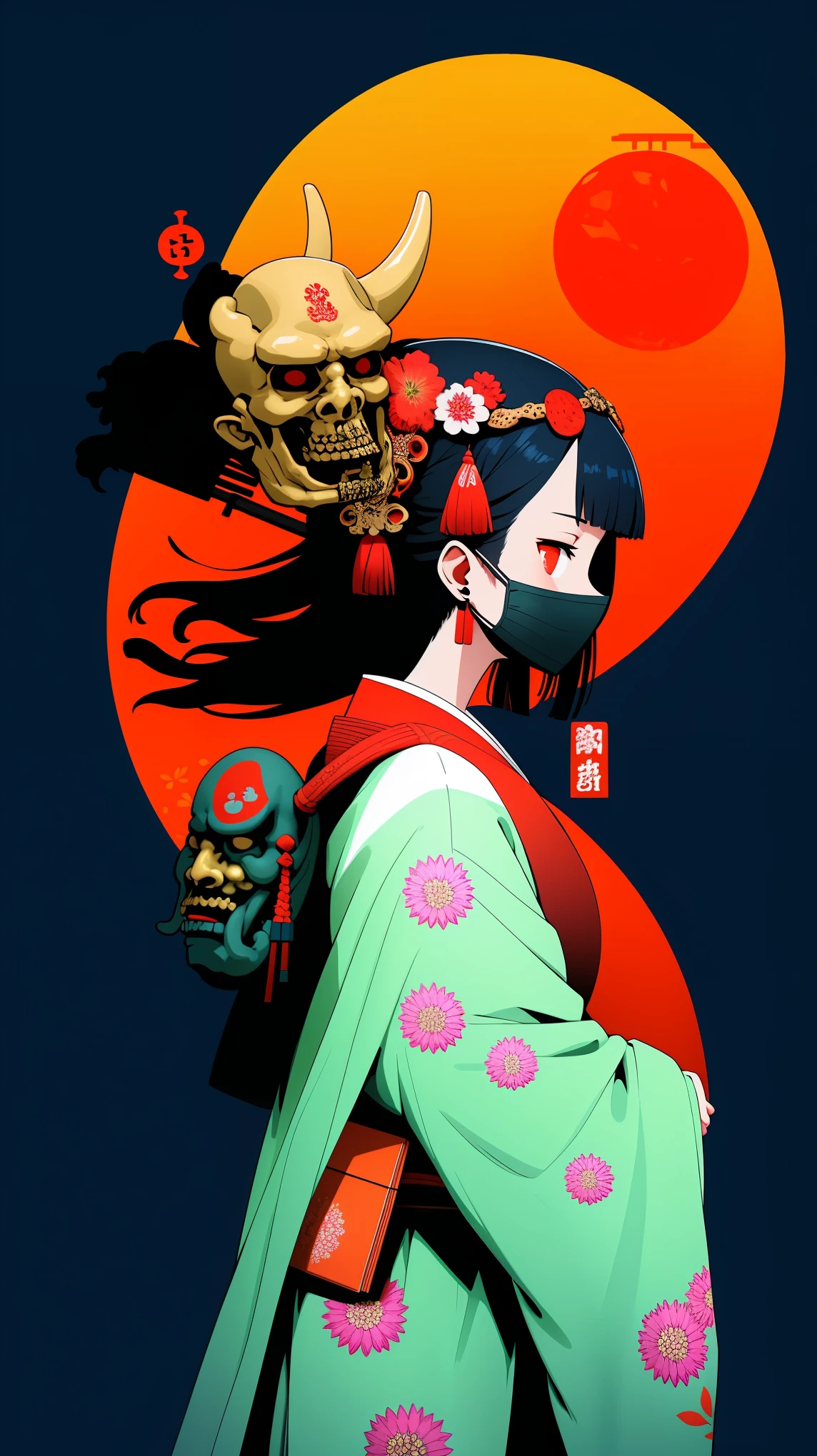 NFTs, 1 girl, alone, ผมดำ, Accessories, earring, mask, Red-eye, Japanese set , Cut edge , kimono, Brief history, mask on head, Floral pattern, From the side, he, buckle , Accessoriesผม
