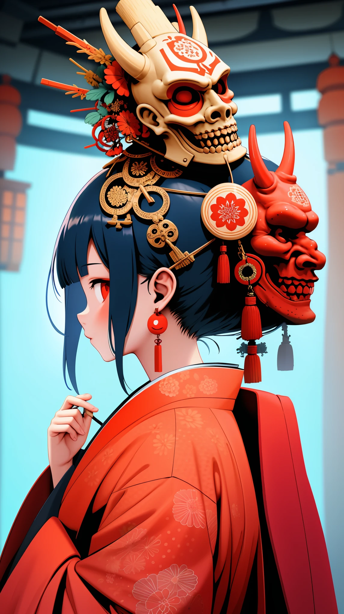 NFTs, 1 girl, alone, ผมดำ, Accessories, earring, mask, Red-eye, Japanese set , Cut edge , kimono, Brief history, mask on head, Floral pattern, From the side, he, buckle , Accessoriesผม