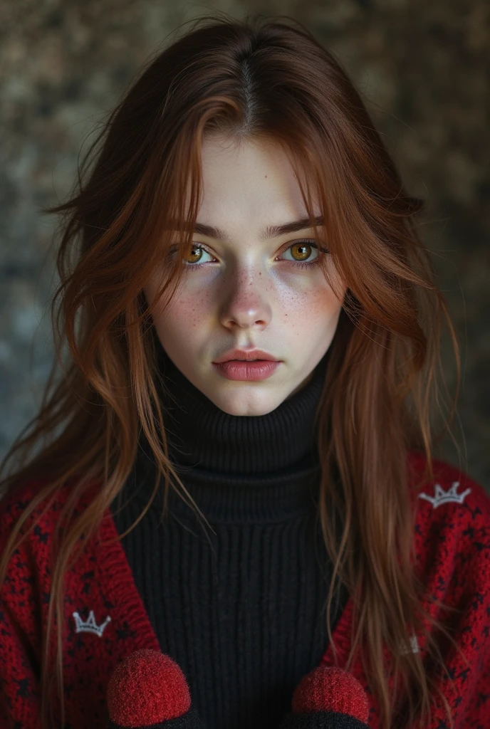 raw photo, (18yo redhead girl:1.2), makeup, graphic eyeliner, rouge, (choker:0.9), realistic skin texture, oversize knit sweater, (red:0.8), softcore, warm lighting, cosy atmosphere, instagram style, high quality dslr snapshot, high definition film grain photo taken at f/16, ISO 100, with a 200mm lens, global illumination, fibonacci