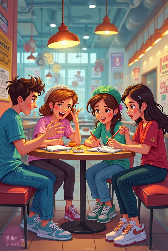 Setting: A university cafeteria. Four friends – Liam (studying Engineering), Chloe (Nursing), Maya (Arts), and Sarah (Hospitality Management) – are eating lunch.
Make it more cartoonish