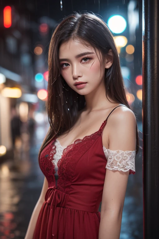 (A woman wearing an off-the-shoulder dress staring)、Very beautiful woman、Japan woman at 21 years old、(Highest quality、high resolution、High resolution、High definition、masterpiece、16K:1.2)、Woman standing in an urban entertainment district、Night streets in Tokyo、Shibuya、(In Tokyo)、((Nikon Z9 NIKKOR Z 50mm f/1.2 S 50mm F/11 1/40secs))、(RAW Photos、Photos like the real thing、Clear photos:1.1)、Perfect proportions、8th life、Long legs、Detailed face and eyes、Dark brown eyes、Lifelike skin texture、A ruddy face、slightly blushing face、Cute Face、Sharp face line、Beautiful feet、Beautiful breasts、Medium breast、Narrow waist、Glossy lips、Beautiful clavicle、Beautiful décolleté line、Semi-long hair、slightly wavy black hair、Beautiful hair with luster、Female college student、Wine Red Dress