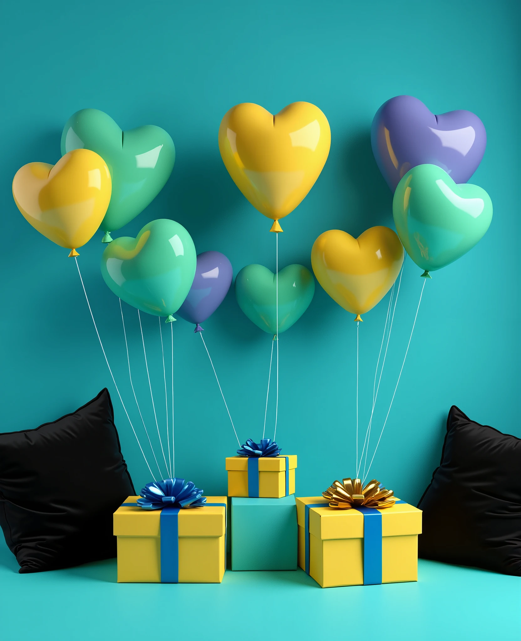 Valentine_showcase,a vibrant blue-green and yellow interior is seen against a deep blue background. The focal point is a row of colorful balloons, each with a heart-shaped globe attached to a white string. The balloons are arranged in a way that creates a surprising contrast with the blue background, adding a touch of color to the scene. The globe on the left side of the frame is a vibrant shade of green, while the balloons on the right side are of a more intense MELISSA shade. Gifts on the floor are adorned with gold ribbons and ribbons. The boxes are placed in a square shape, with a blue ribbon tied around. On the left and right sides of the image, there are two black pillows on each side. The pillows are placed on a light blue surface, adding depth to the composition .
