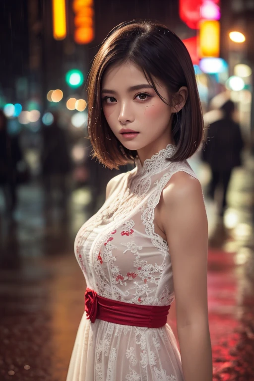 8K, masterpiece, RAW photo, highest quality, realistic, extremely detailed CG unity 8K wallpaper, Depth of bounds written, cinematic light, Lens flare, ray tracing, (very beautiful face, beautiful lips, beautiful eyes), face with intricate details, ((super dense skin)) 1 girl, in the dark, deep shadow, pretty asian girl, 1 girl, (very slim slender fit-muscled body:1.3), ((looking at the viewer)),(big smile:1.3), (fashion city night, dark night, (neon sign), (blurred background), street night),(with no people in the background:1.3), beautiful earrings, bracelet, necklace, pantyhose, clear eyes, (white skin), (Big eyes), look forward, ((upper body shot)), (looking at the viewer:1.3) very slim, medium breasts, (surreal, look at the viewer, short skirt, (High resolution), (8K), (very detailed), (brown hair, short hair), (Woman in red short sleeve blouse, show your belly button), (look through the blouse), Because I&#39;m slender), open chest, foam jacket ,, Wearing a leather jacket, Wear leather gloves, Japan sexy girl, not late