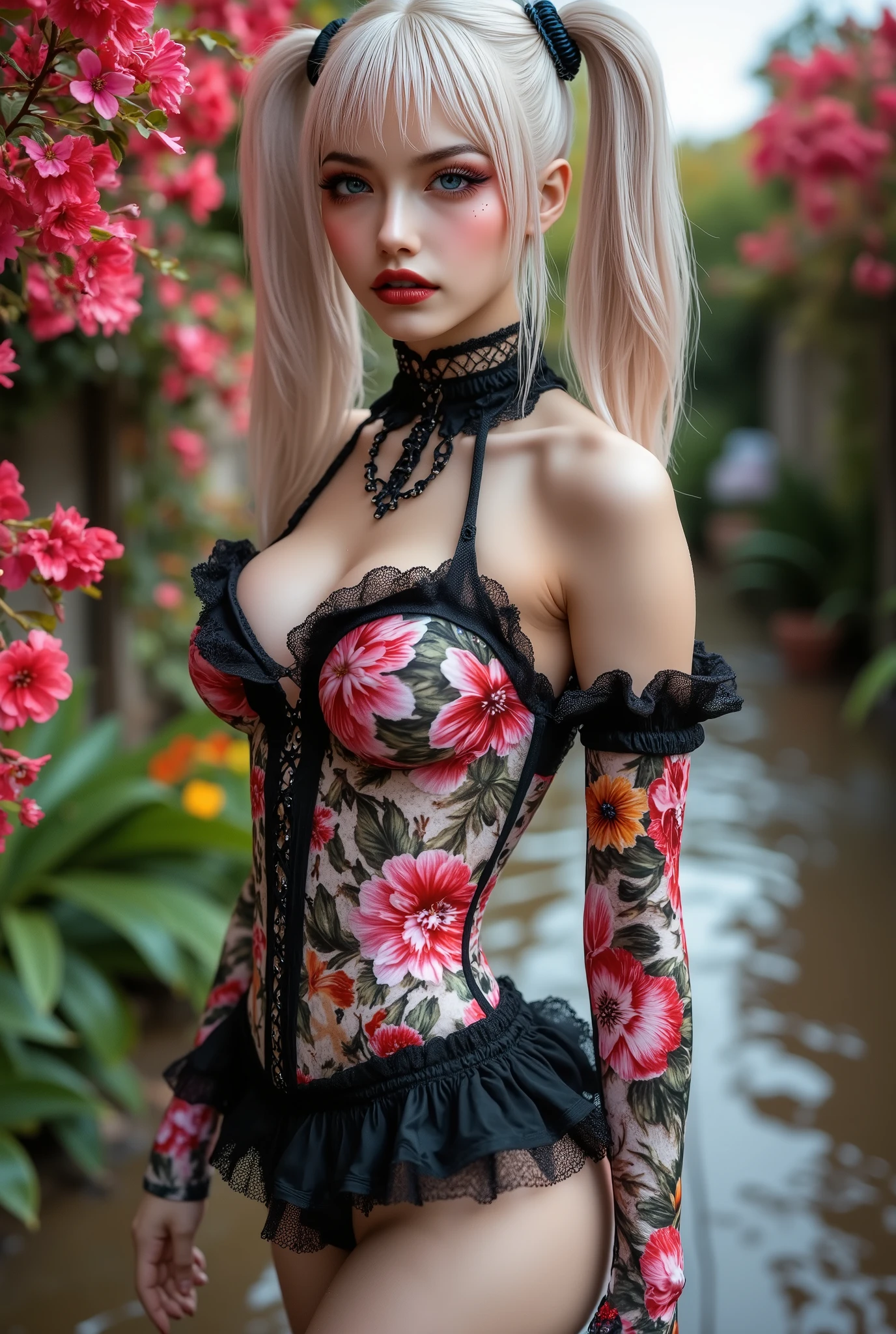  [Style: "masterpiece, realistic (Photorealistic realism), Hyper high resolution, (ultra quality, intricately detailed digital art), focus on extremely Realistic Proportion Body"] (Key Directive: "Prioritize anatomical accuracy and material textures") "Portrait of {a woman with, wearing a dress, standing in a garden | ultra realistic texture details: velvety skin, hair}" {Character: "20-year-old white woman, ((full and firm breas:1.22))" | Face: "symmetrical, pale skin, full lips" | Eyes: "((sharp focus, no blurry eyes, Hyper absurd quality, Hyper details, Hyper realistic blue eyes:1.2))" - "((extra narrow eyebrows))" - "(Carefully draw Long blue_mascara:1.25)" - "(perfect round eyes)" | Makeup: "detailed lips:1.3, (apply glossy red_lipstick:1.25)" | Hair: "white with pigtails, (red bangs, setting light reflections: 0.5)" | Pose: "dynamic side position" | Outfit: [Top: - "White Dress made of (clothes made of silk and flower, lace fishnet, tight fitting dresses:1.25)] [Bottom: "Ruffled Black Gothic Punk Skirt (lace with fishnets, white lace-up:1.25)]" - "Ultra intricate detailed ((she is the embodiment of beauty and allure, Dressed in a breathtaking and sophisticated floral bodysuit, elegant and sophisticated fashion:1.3)) | Environment: "garden street at sunset (((rain-slick cobblestones), colorful flowers, cherry blossoms))" | (Post-production: "chromatic aberration: 0.7") (Rendering engine: "Unreal Engine 5 path tracing, 16K texture maps"). The ultra-Highres,Unreal 5,Subsurface scattering,PBR Texturing,Post-Processing,Anisotropic Filtering,depth of fields,Maximum Sharpness and Sharpness,multi-layered texture,Albedo and Specular maps,Surface Shading,Precise simulation of light-material interactions,perfectly proportions,Octane rendering,Two-tone illumination,Wide Aperture, low ISO, white balance, The rule of thirds }