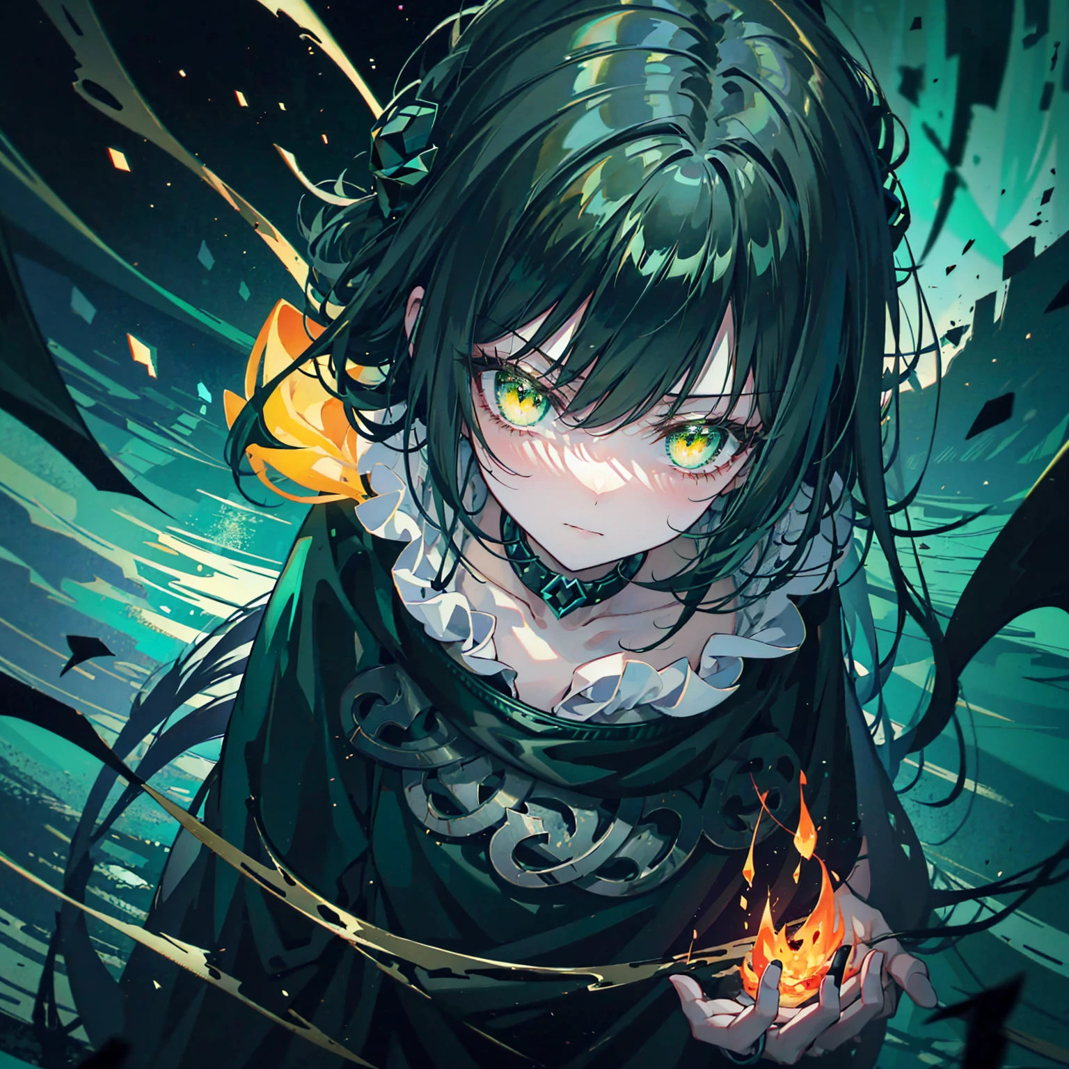dark portrait of a face of a demon girl,(profile),flowing hair,black hair,demon horns,green lips,looking at viewer,slit pupils,green eyes,detailed iris,detailed eyes,((glowing eyes)),burn injury glowing green on her face,flaming eye,made of ([green and black]:1.3) colors,highly detailed,8k,sharp,professional,clear,high contrast,high saturated,vivid deep blacks,crystal clear,(focus eyes),masterpiece,best quality,(comic art style),green fire,demon hunter