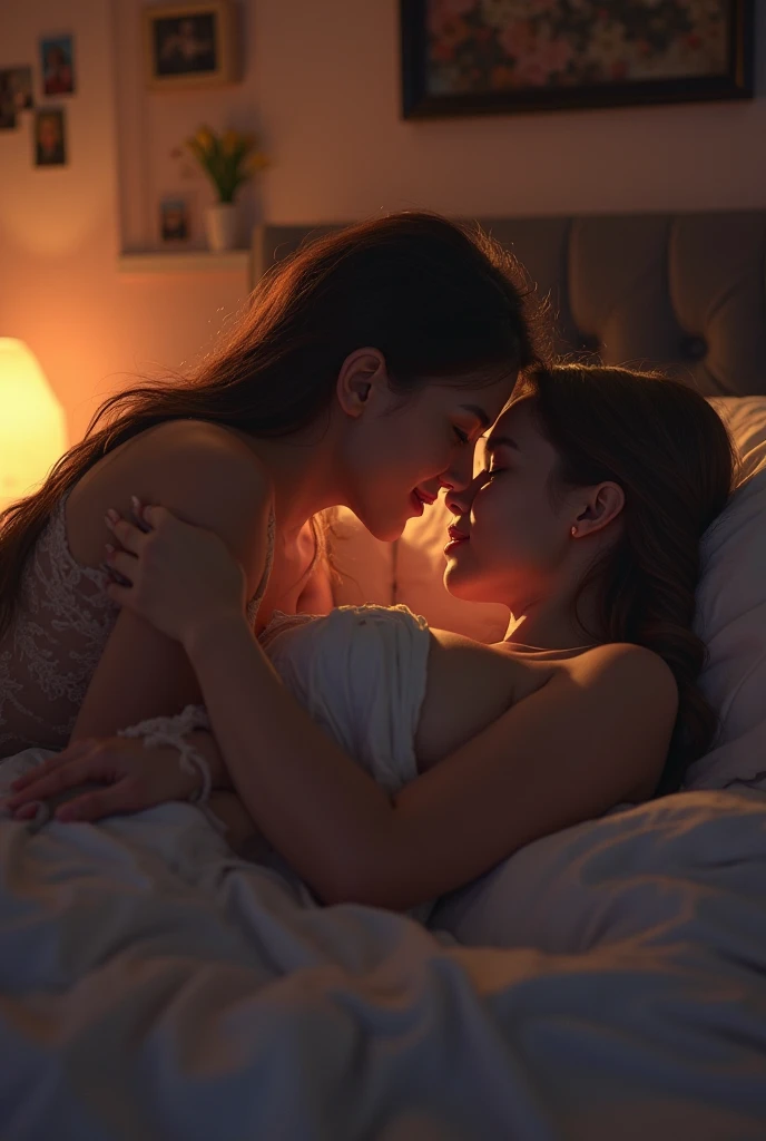 The man in his 45s with black very short hair and smooth face with moustache. The woman in her 45s with brown long hair bun. In bed. Night, dark, dim. They are naked. The man is sucking the woman's breast. The woman is moaning. Orgasm. Passion. Erotic. Ultra realistic.