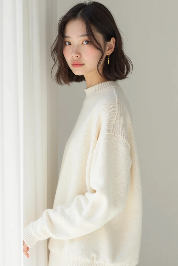 top-quality、masterpiece、hight resolution、1girl in、独奏、Raw photo、Real person、Detailed skin、japanes、brawn hair、thin bunches of bangs、bob、Floating hair、fullllbody,Sweat knitwear、White Room、catchlight、white walls