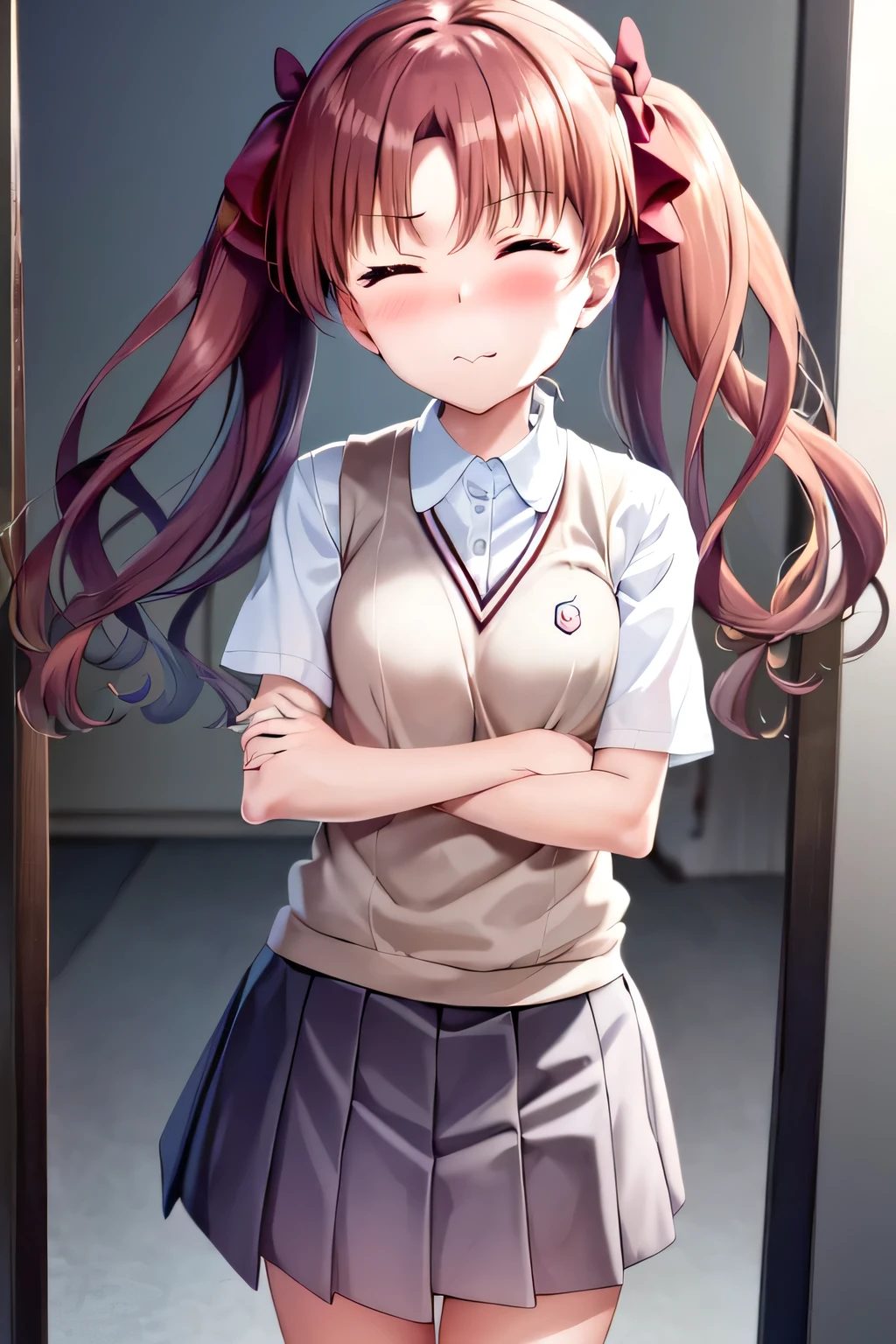 pov, 1girl, Kuroko Shirai, love struck, cling to viewer:1.8, kissing face, closed eyes, blush, smiley-smiley, pouting lip, tokiwadai school uniform, twintails, (extremely dlietailed CG, masterpiece, highres icon,absurdres,4K)