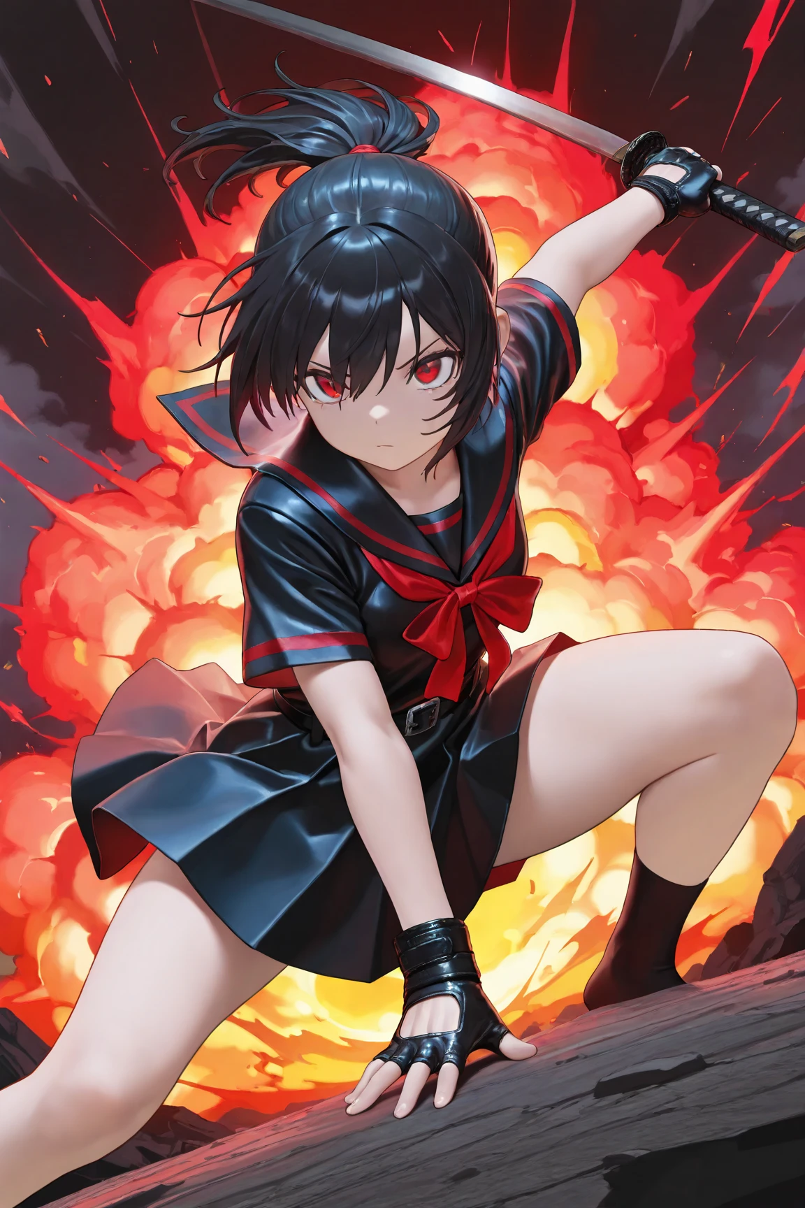 masterpiece, best quality, amazing quality, front view, from below, 1girl, solo, short hair, black hair, ponytail hair with red ribbon, red eyes, black and red sailor uniform, short sleeve, (black fingerless leather gloves), superhero landing pose, holding weapon, katana, (wind), red explosion background, (amazing background), highres, absurdres