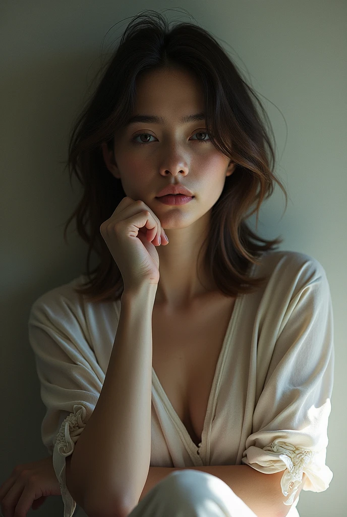 best quality, masterpiece, ultra high resolution, (realistic:1.5), RAW photos, 1 woman, Off shoulder, in the dark, deep shadows, low key, cold light, sexy look,