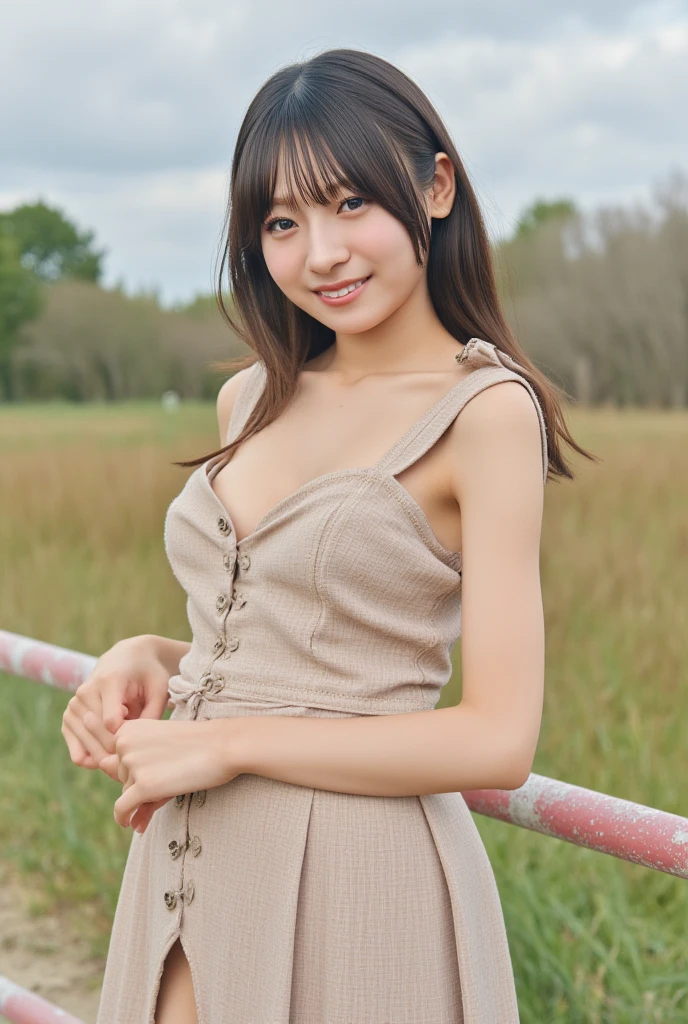 (8k、live-action、Raw photo、Highest quality、masterpiece:1.2),(Town, summer, Outdoors,Front lighting:1.2),((Perfect lighting)),(濡れたhair),smile,(Standing pose:1.4), strong,(Erotic),18-year-old,student,White skin,knees,Small Face,前hairを真ん中から分けます、The forehead is visible,skinny,skinny)、masterpiece,Highest quality、超A high resolution,One person, solo,Close-up shot、cute、Back to Students,(Cool button gap:1.3),High school girl,Japanese women,(フォトReal:1.37)、Photon Mapping,Realistic、cuteSmall Face,Brown eyes、prospect、Depth of written boundary、Blurred Background、Real,(前hairが見える), hair, kneesが見える, thigh,(Nogizaka Idol), actress、Big and ample breasts、Cleavage、Super fine、Low people、(Skin with visible pores:1.2)、(Focus on the face)、Natural neck、Check and correct the skeleton